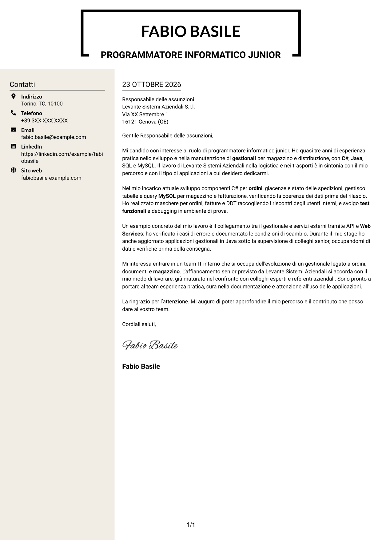 Lettera di presentazione Intraprendente (formato a due colonne con intestazione centrata senza foto): Programmatore informatico junior - Software gestionali, pagina 1