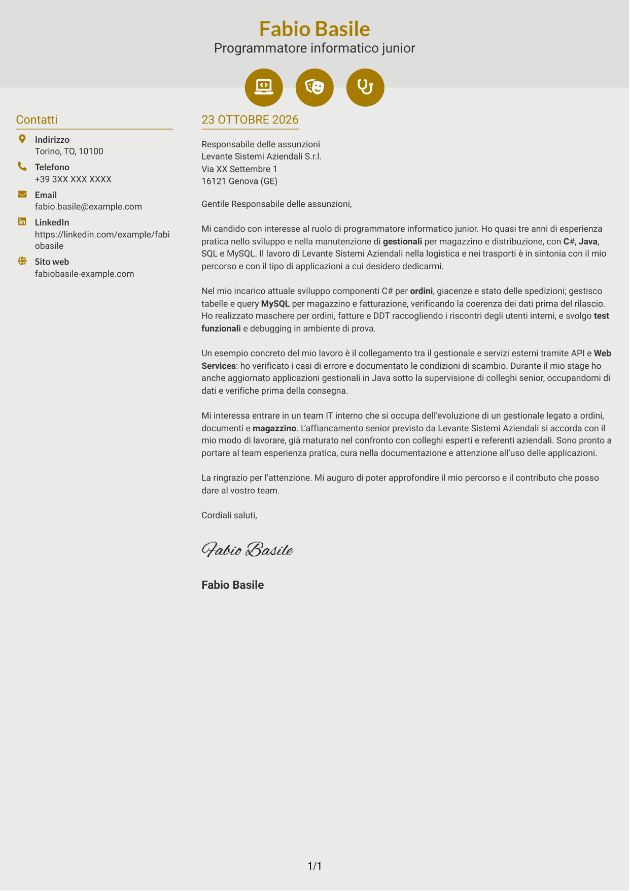 Lettera di presentazione Dinamico (formato a due colonne con icone): Programmatore informatico junior - Software gestionali, pagina 1