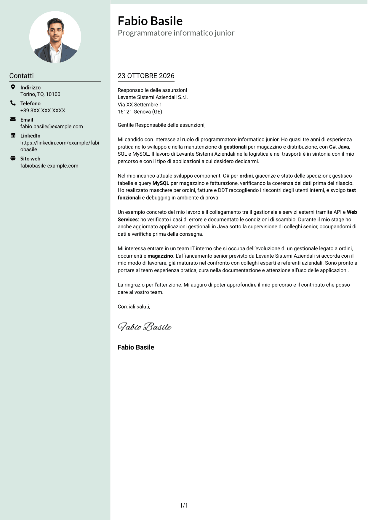 Lettera di presentazione Dirigente (formato con colonna laterale tenue e foto arrotondata): Programmatore informatico junior - Software gestionali, pagina 1