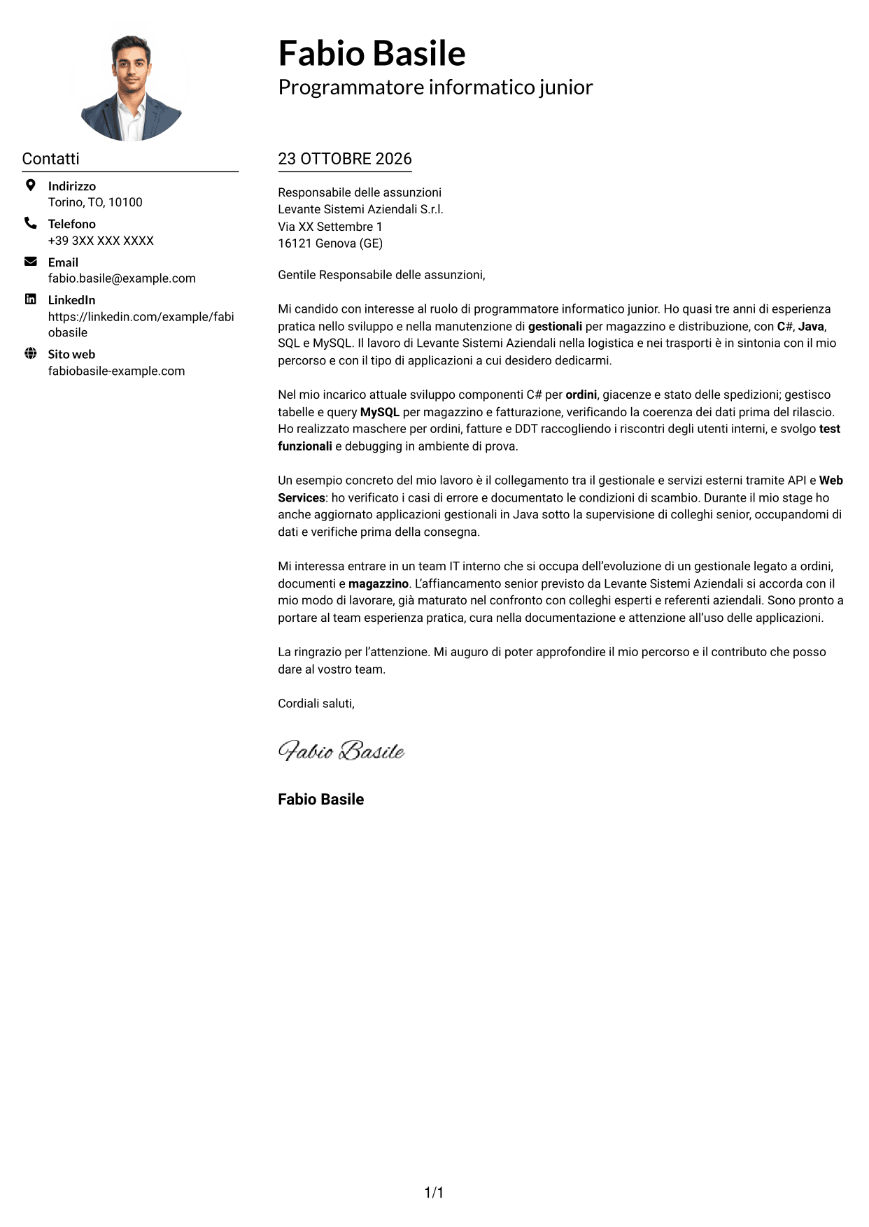 Esempio di lettera di presentazione — pagina 1