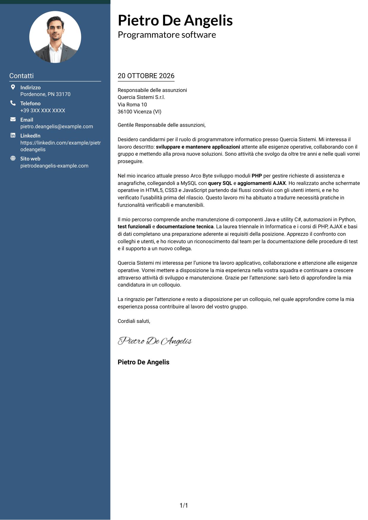 Lettera di presentazione Elegante (formato con colonna laterale colorata e foto): Programmatore informatico, pagina 1