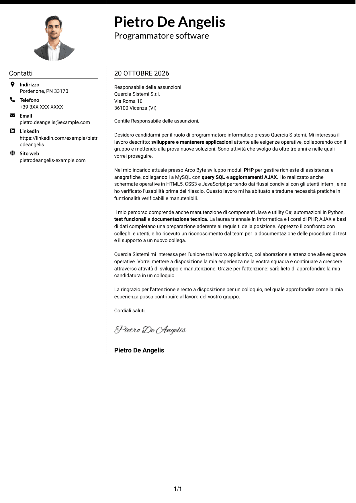 Lettera di presentazione Moderno (formato a due colonne con foto a sinistra e separatore): Programmatore informatico, pagina 1