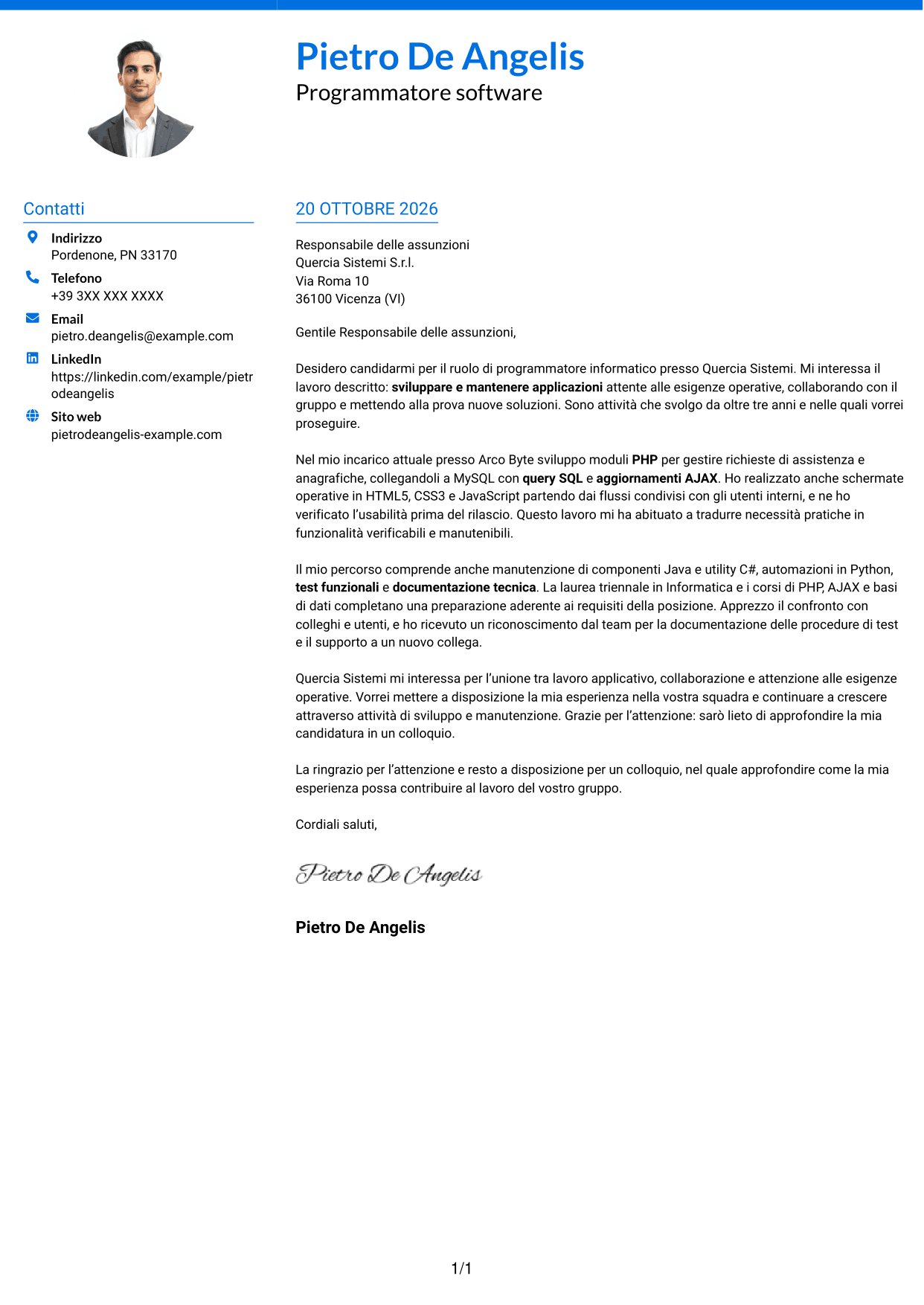 Lettera di presentazione Audace (formato a due colonne con accenti colorati e foto): Programmatore informatico, pagina 1