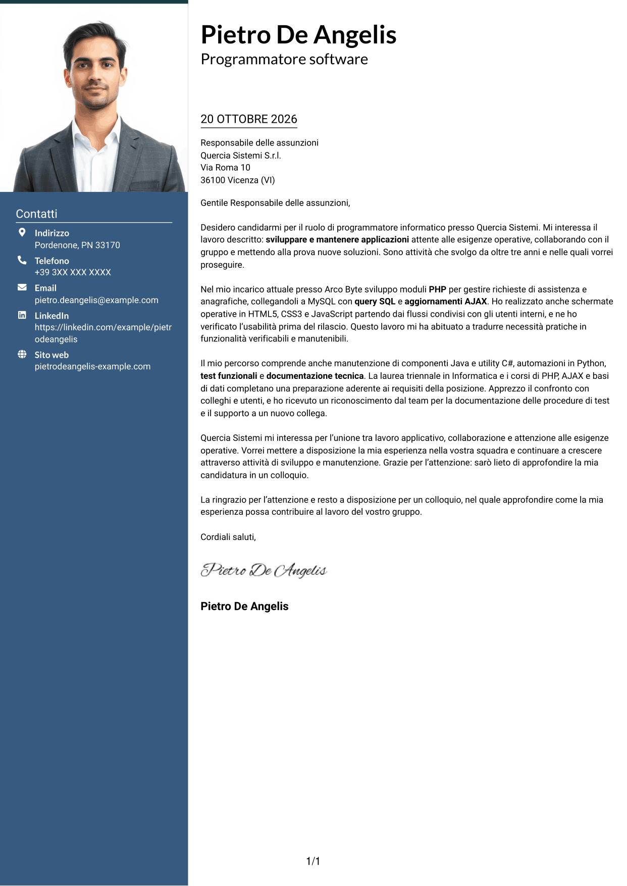 Lettera di presentazione Signature (formato con colonna laterale colorata e foto grande): Programmatore informatico, pagina 1