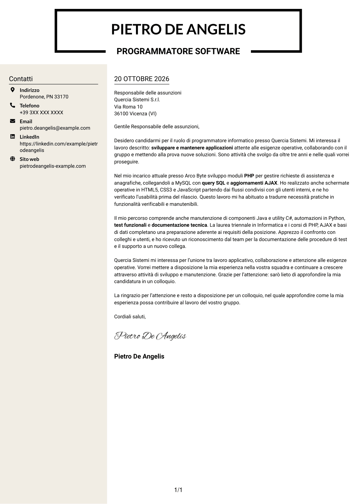 Lettera di presentazione Intraprendente (formato a due colonne con intestazione centrata senza foto): Programmatore informatico, pagina 1