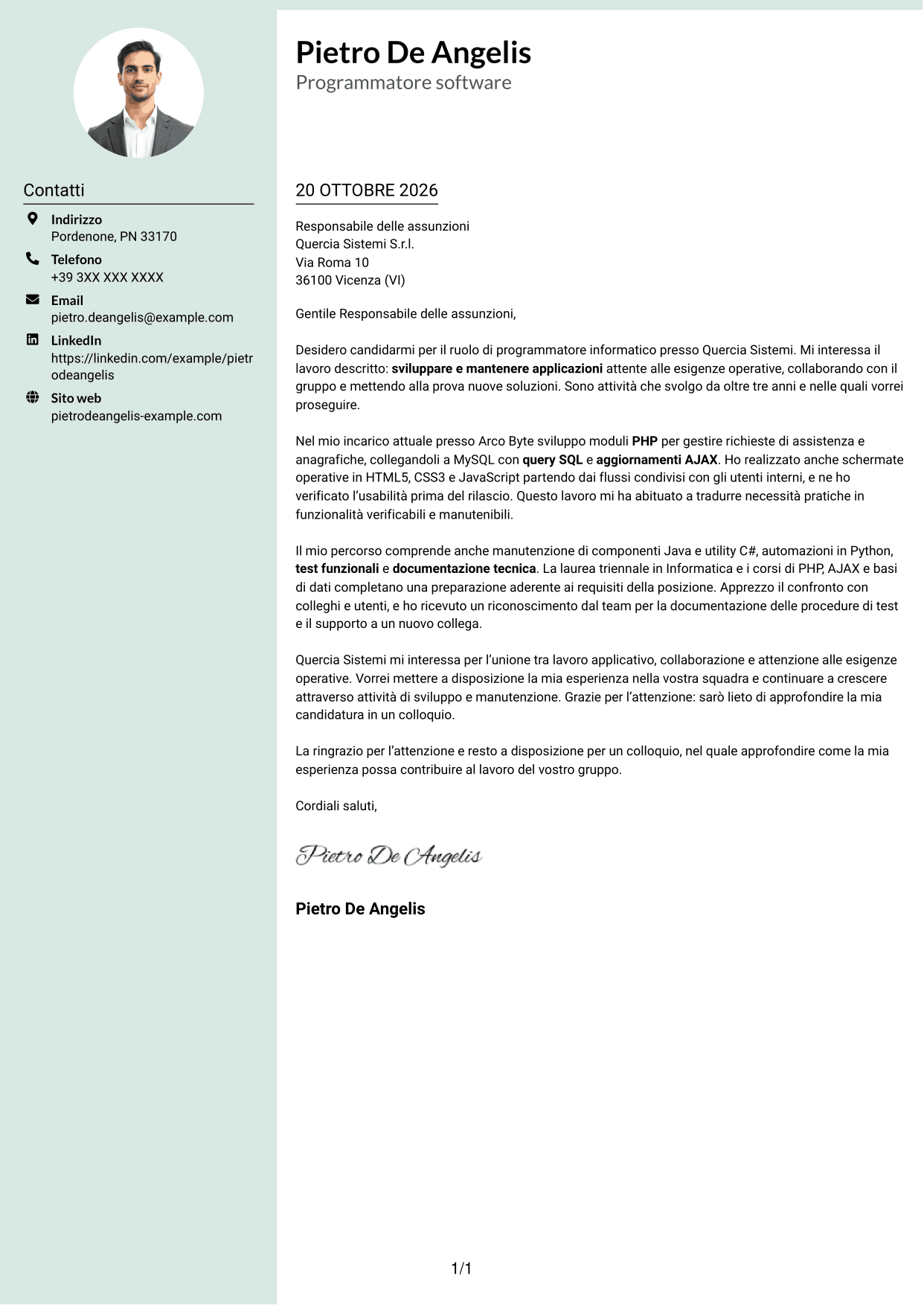 Lettera di presentazione Dirigente (formato con colonna laterale tenue e foto arrotondata): Programmatore informatico, pagina 1