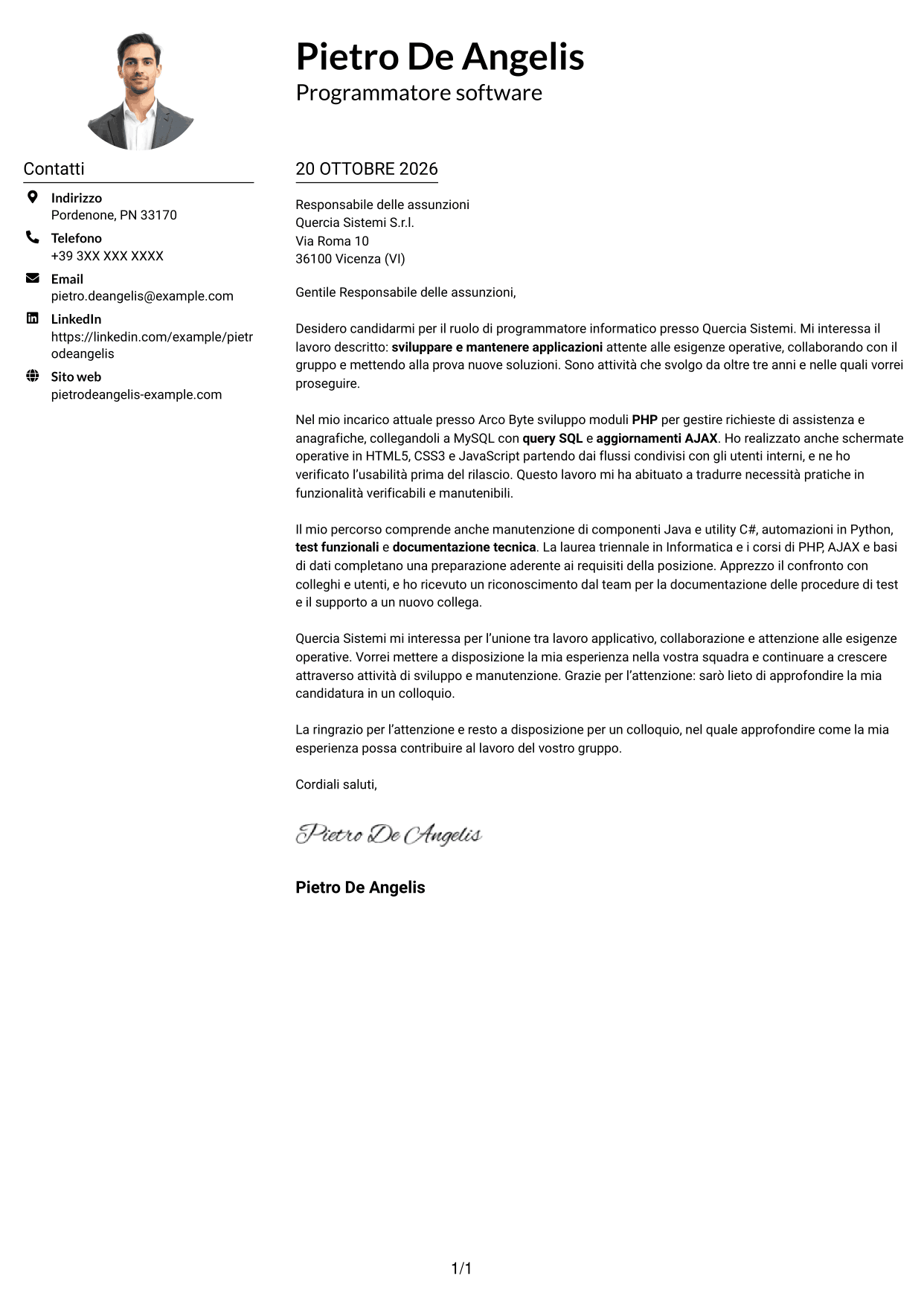 Esempio di lettera di presentazione — pagina 1