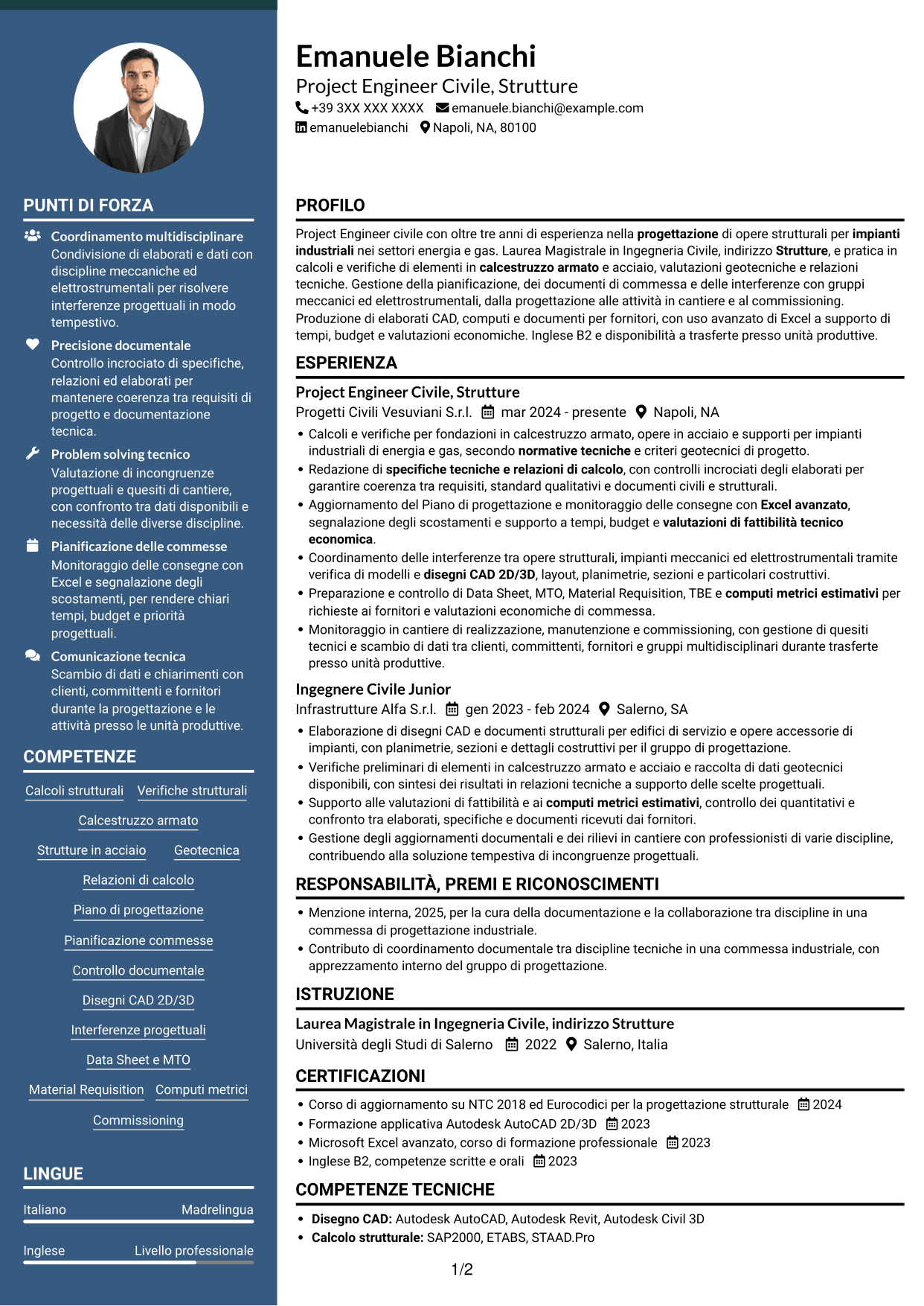 CV Elegante (formato con colonna laterale colorata e foto): Project Engineer Civile - Strutturista, pagina 1