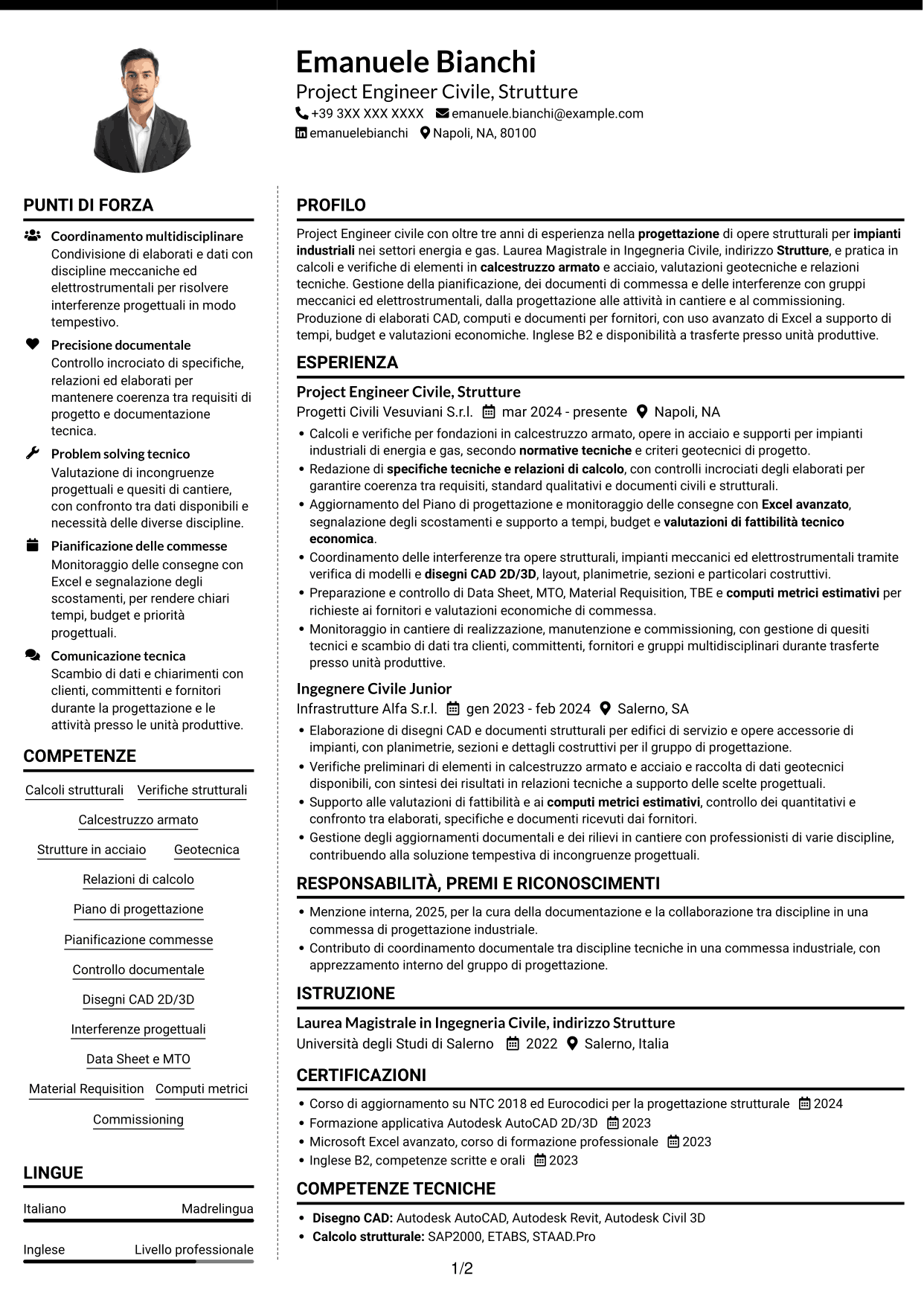 CV Moderno (formato a due colonne con foto a sinistra e separatore): Project Engineer Civile - Strutturista, pagina 1