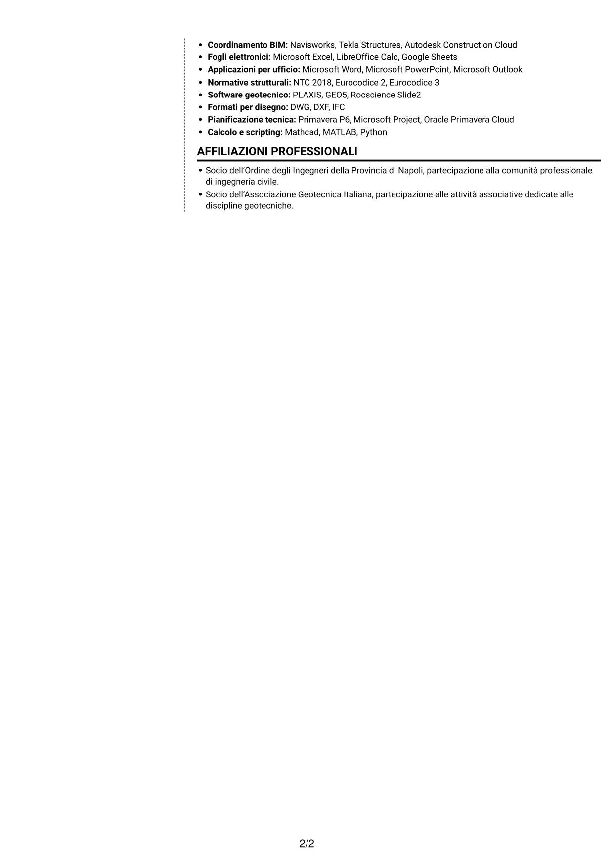 CV Moderno (formato a due colonne con foto a sinistra e separatore): Project Engineer Civile - Strutturista, pagina 2