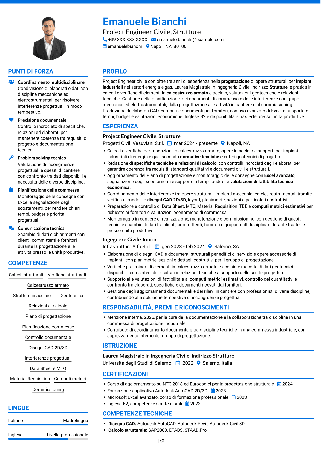 CV Audace (formato a due colonne con accenti colorati e foto): Project Engineer Civile - Strutturista, pagina 1