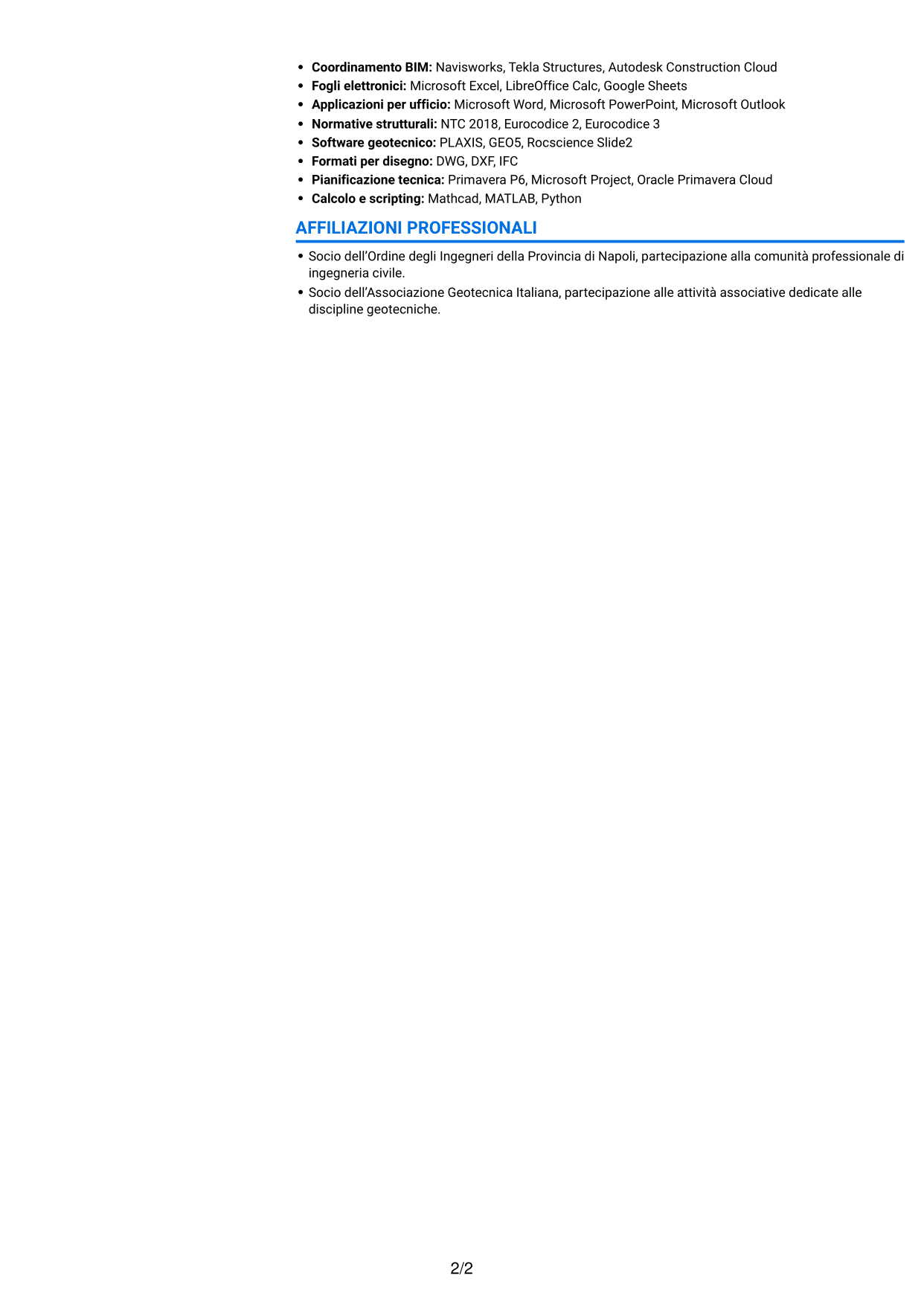 CV Audace (formato a due colonne con accenti colorati e foto): Project Engineer Civile - Strutturista, pagina 2