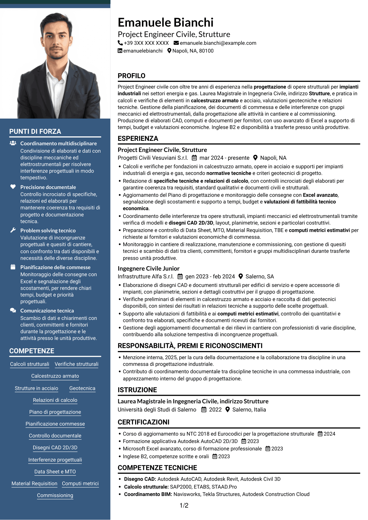 CV Signature (formato con colonna laterale colorata e foto grande): Project Engineer Civile - Strutturista, pagina 1