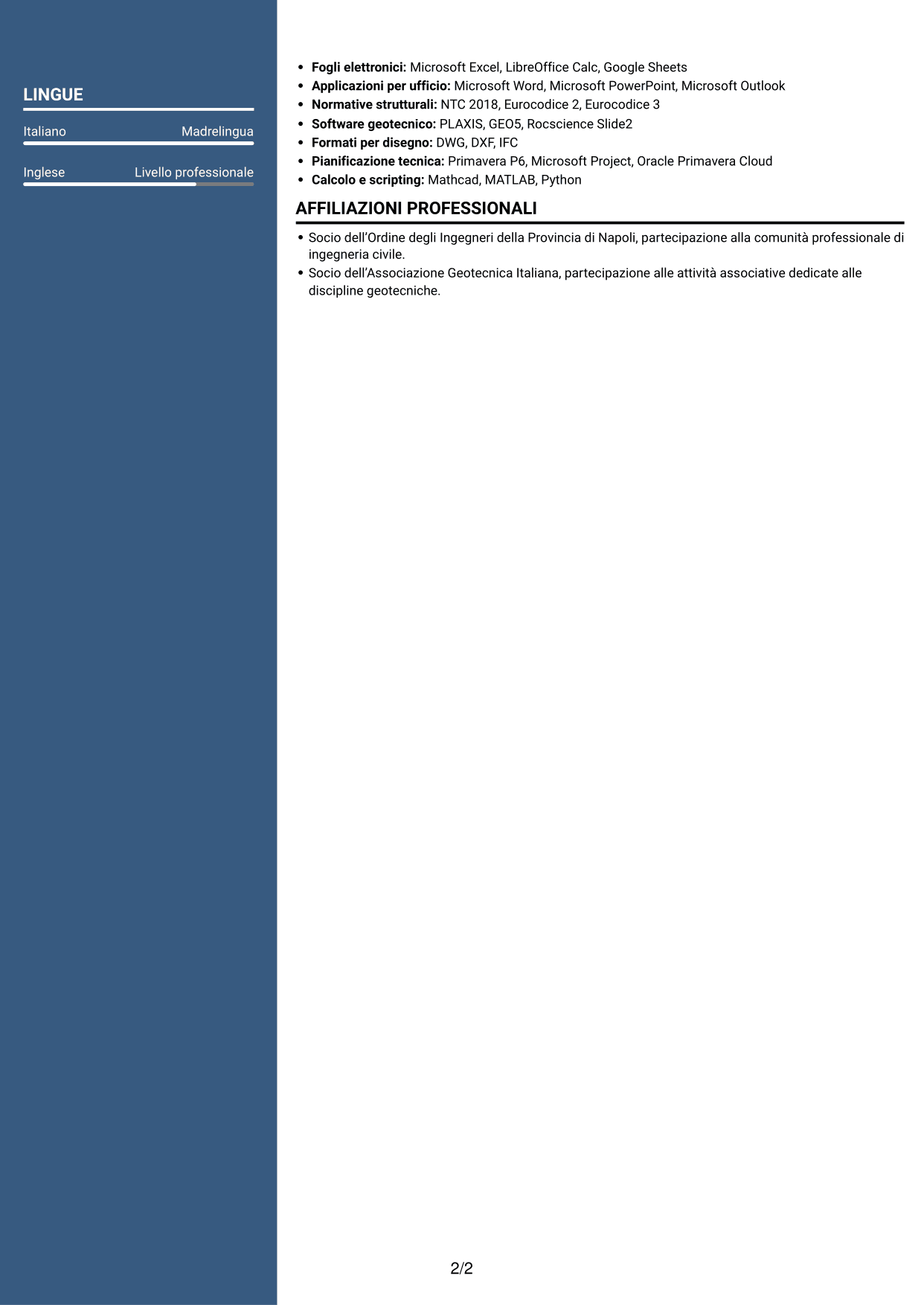 CV Signature (formato con colonna laterale colorata e foto grande): Project Engineer Civile - Strutturista, pagina 2