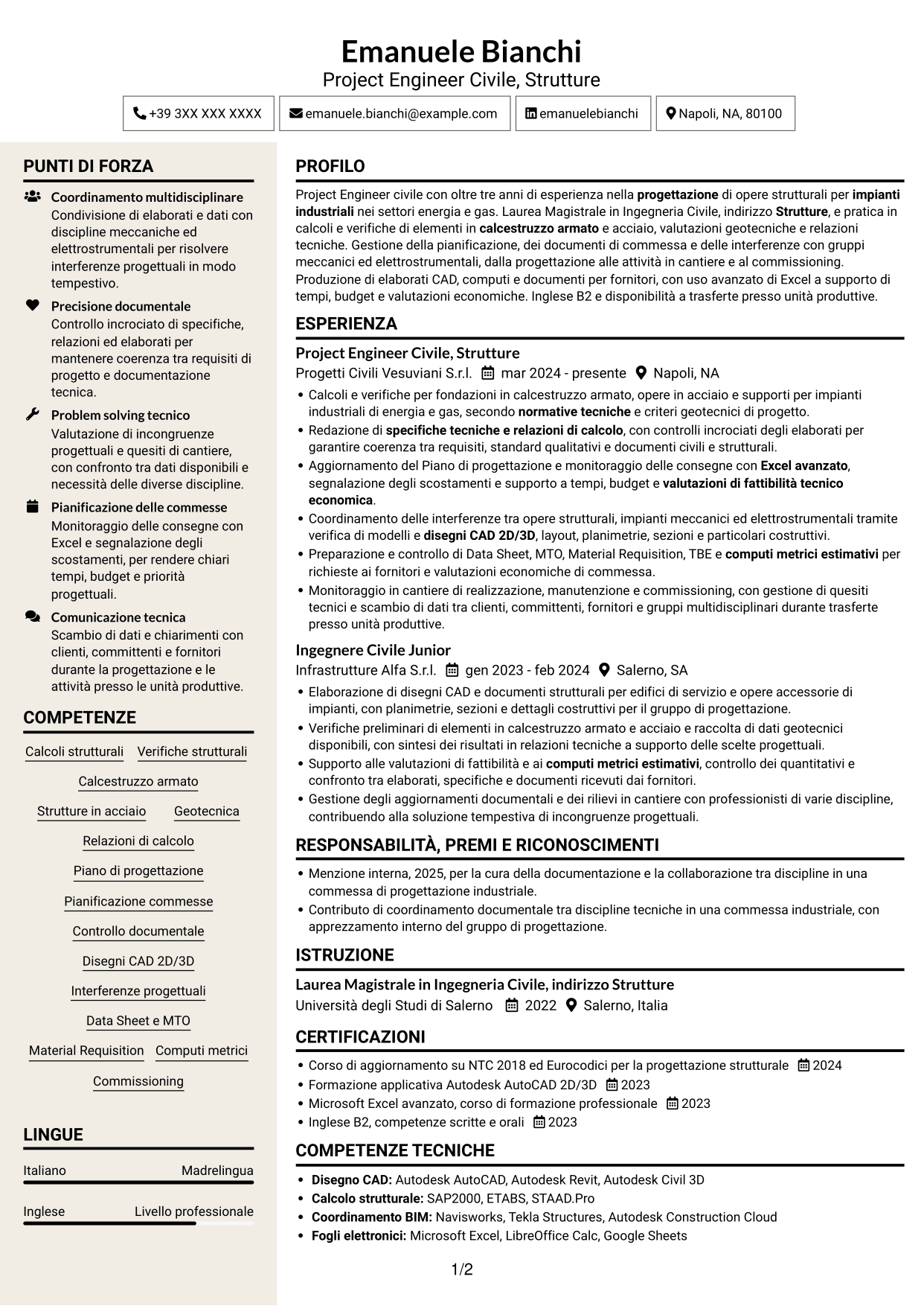 CV Intraprendente (formato a due colonne con intestazione centrata senza foto): Project Engineer Civile - Strutturista, pagina 1