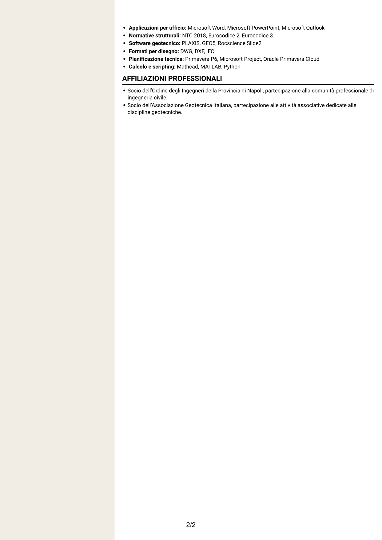 CV Intraprendente (formato a due colonne con intestazione centrata senza foto): Project Engineer Civile - Strutturista, pagina 2