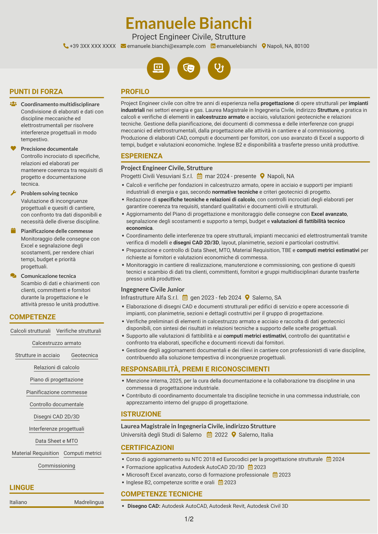 CV Dinamico (formato a due colonne con icone): Project Engineer Civile - Strutturista, pagina 1