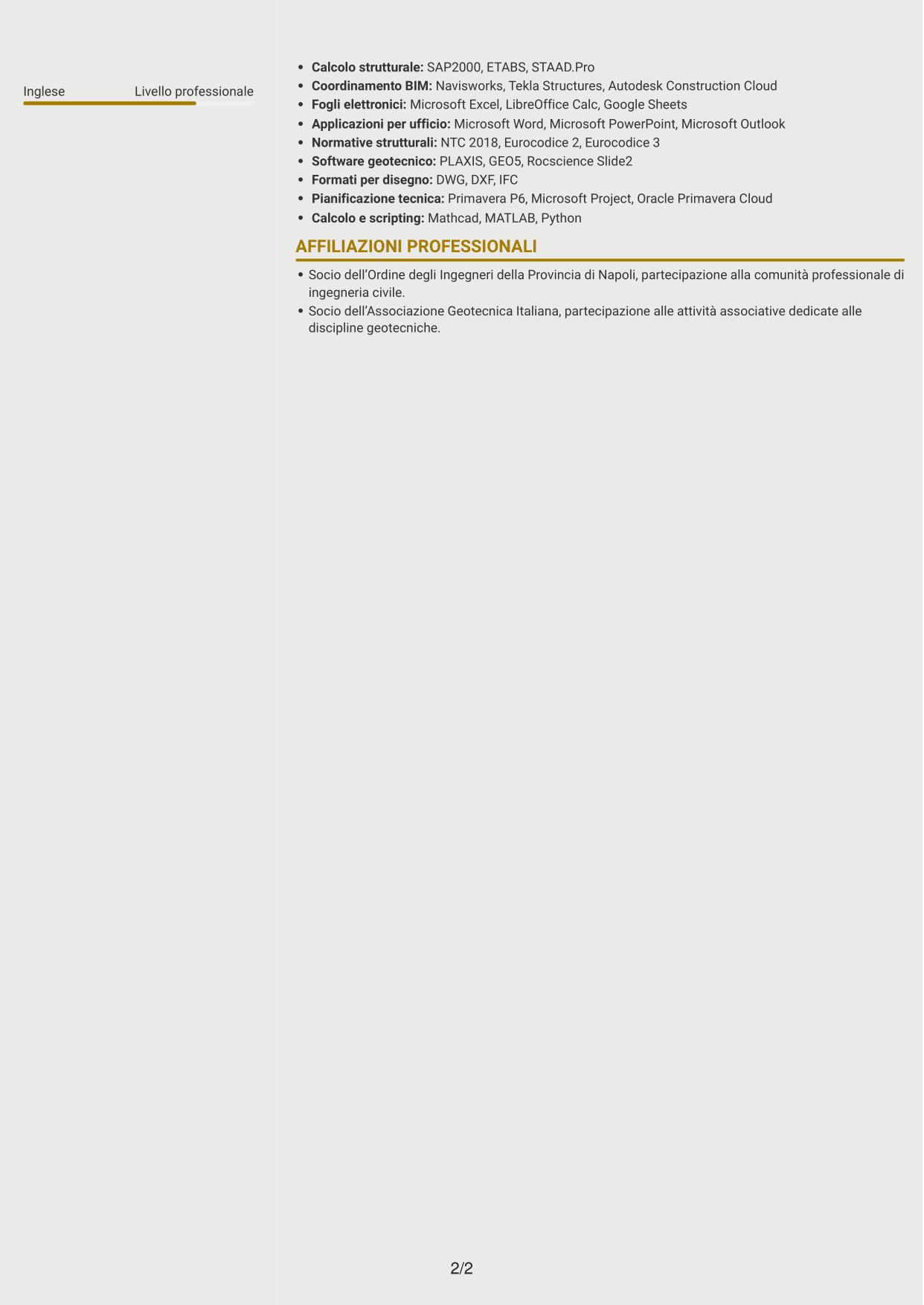 CV Dinamico (formato a due colonne con icone): Project Engineer Civile - Strutturista, pagina 2