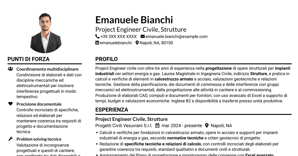 7 modelli di CV per Project Engineer Civile - Strutturista, con esempi