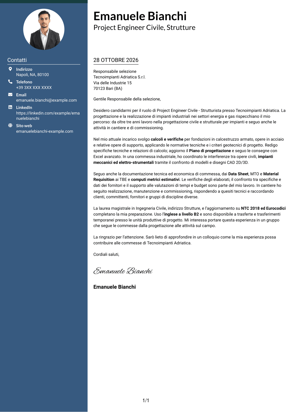 Lettera di presentazione Elegante (formato con colonna laterale colorata e foto): Project Engineer Civile - Strutturista, pagina 1