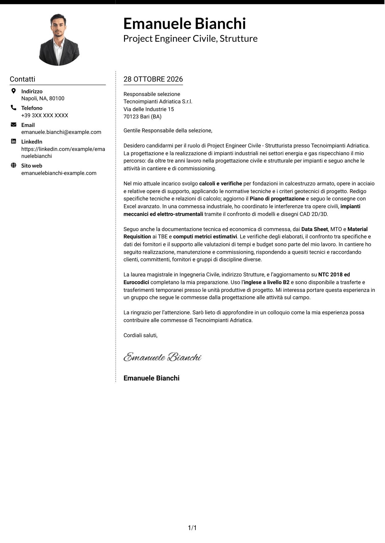 Lettera di presentazione Moderno (formato a due colonne con foto a sinistra e separatore): Project Engineer Civile - Strutturista, pagina 1