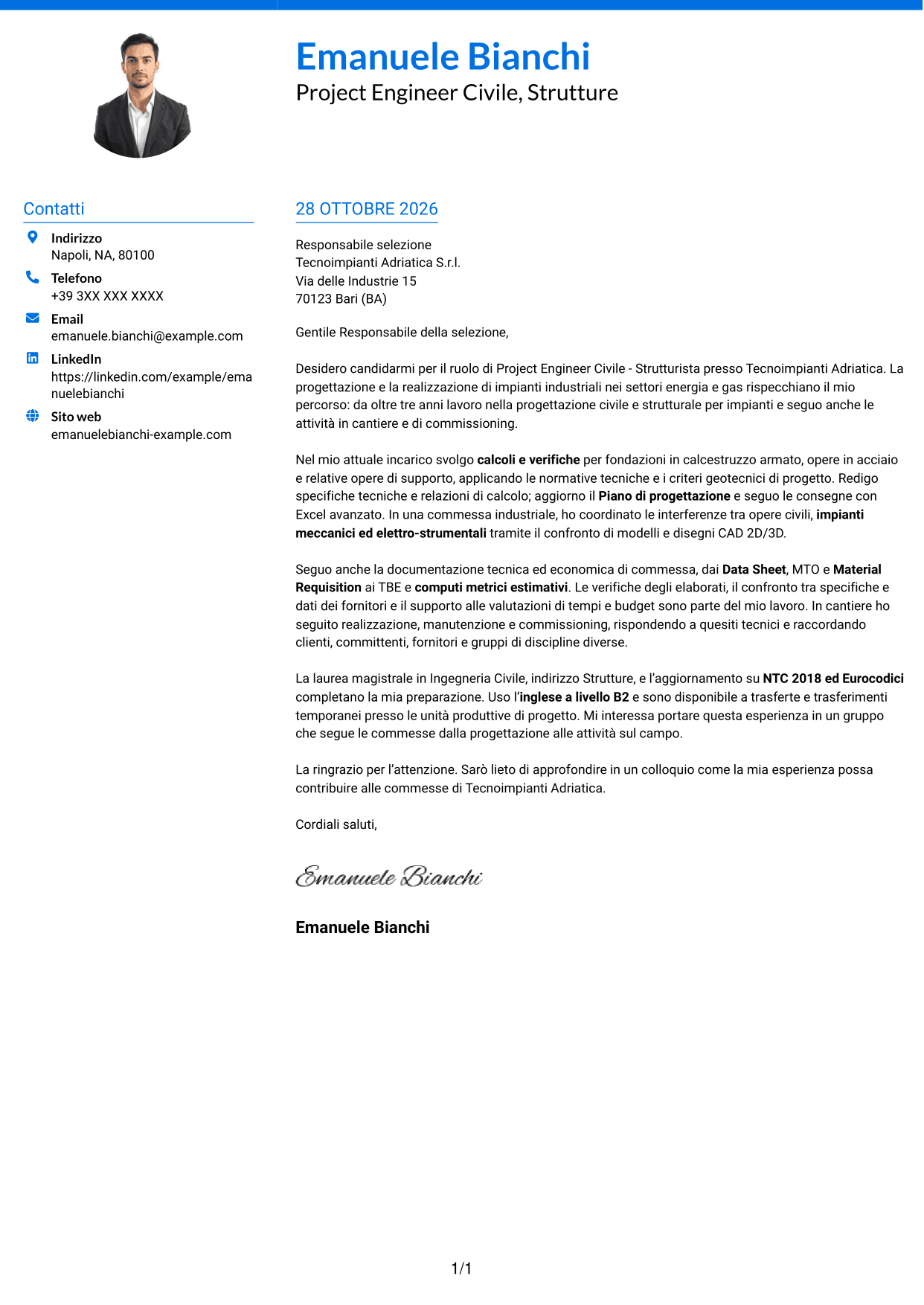 Lettera di presentazione Audace (formato a due colonne con accenti colorati e foto): Project Engineer Civile - Strutturista, pagina 1