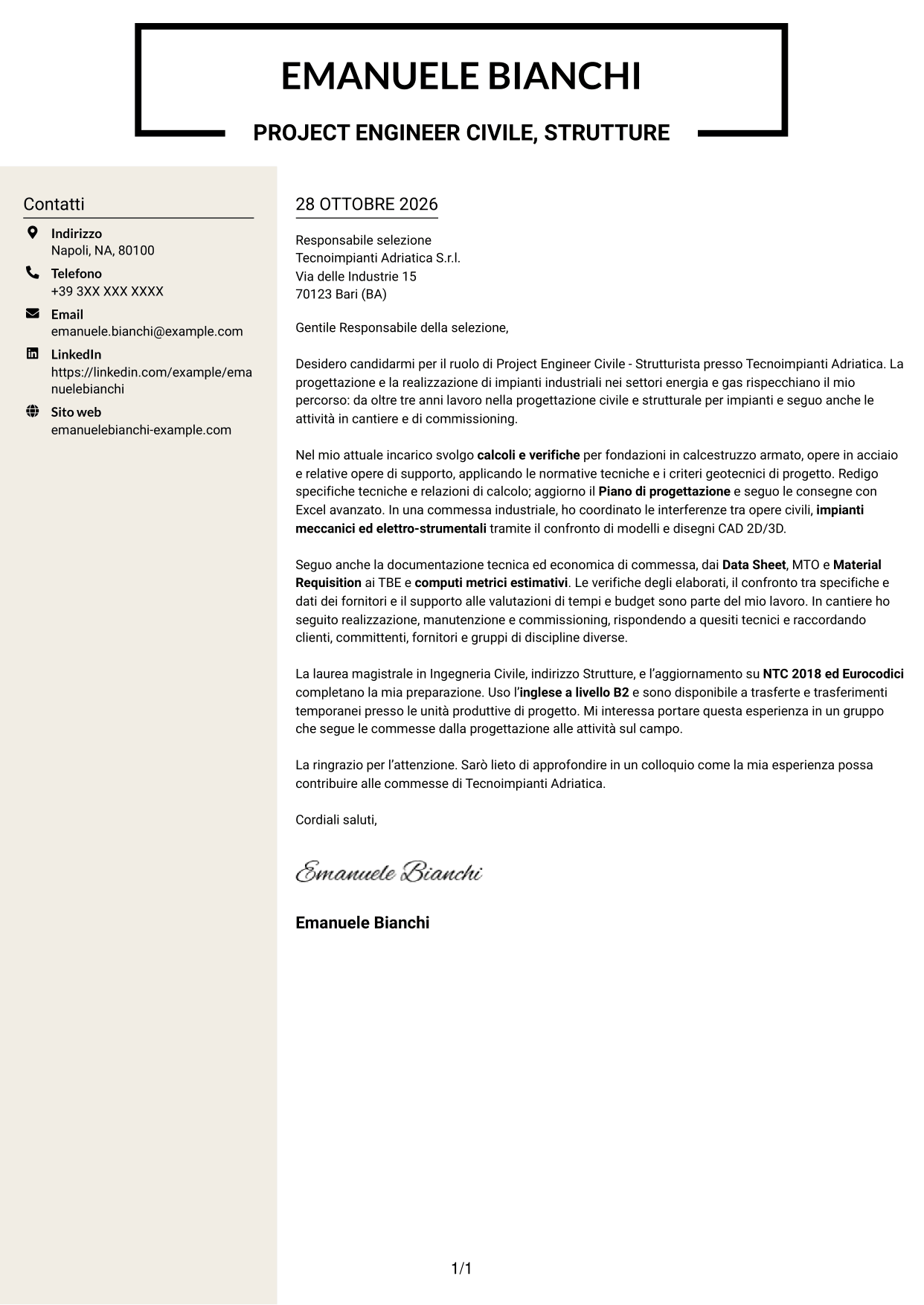 Lettera di presentazione Intraprendente (formato a due colonne con intestazione centrata senza foto): Project Engineer Civile - Strutturista, pagina 1