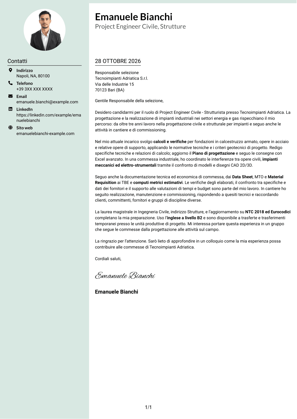 Lettera di presentazione Dirigente (formato con colonna laterale tenue e foto arrotondata): Project Engineer Civile - Strutturista, pagina 1