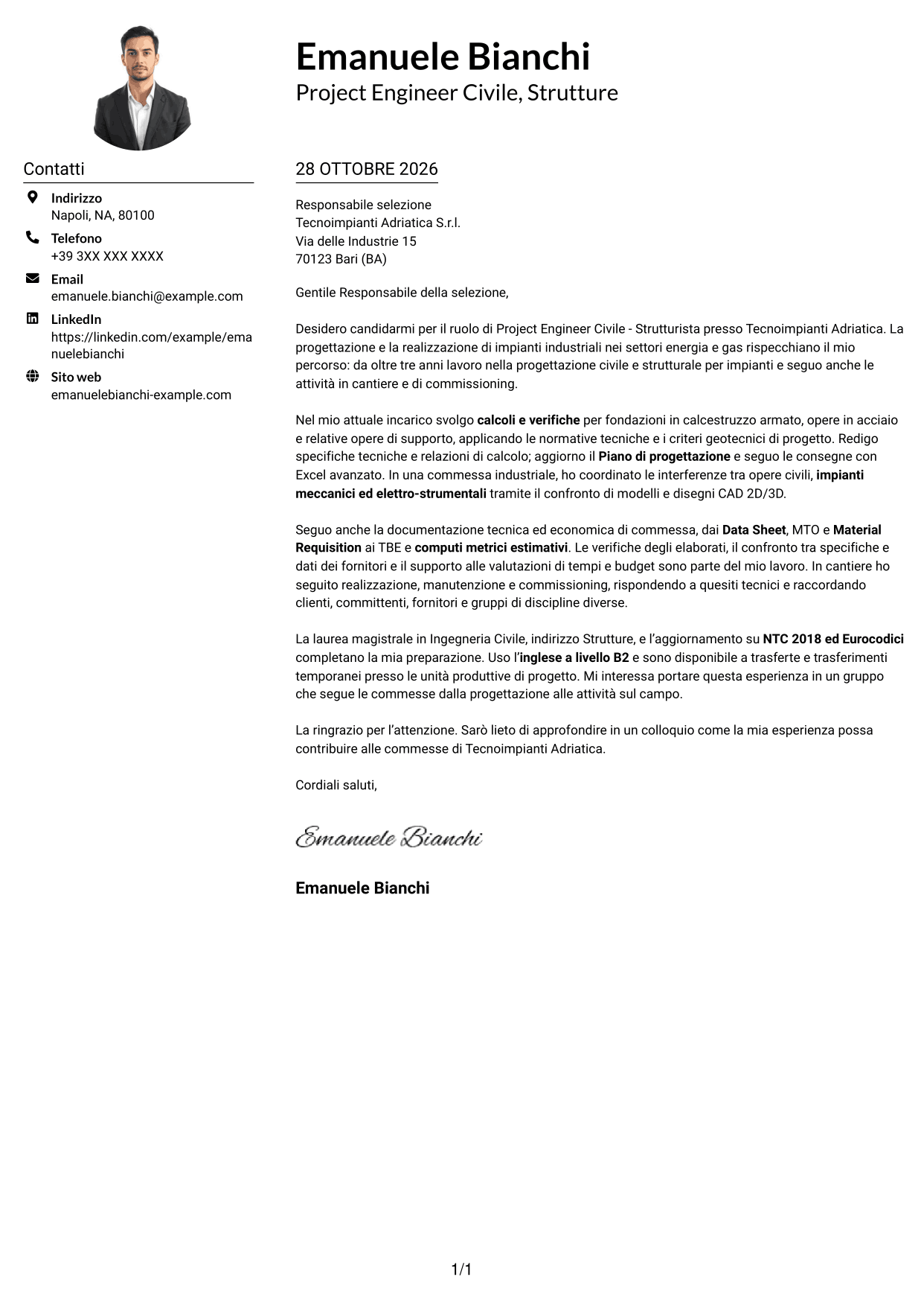 Esempio di lettera di presentazione — pagina 1