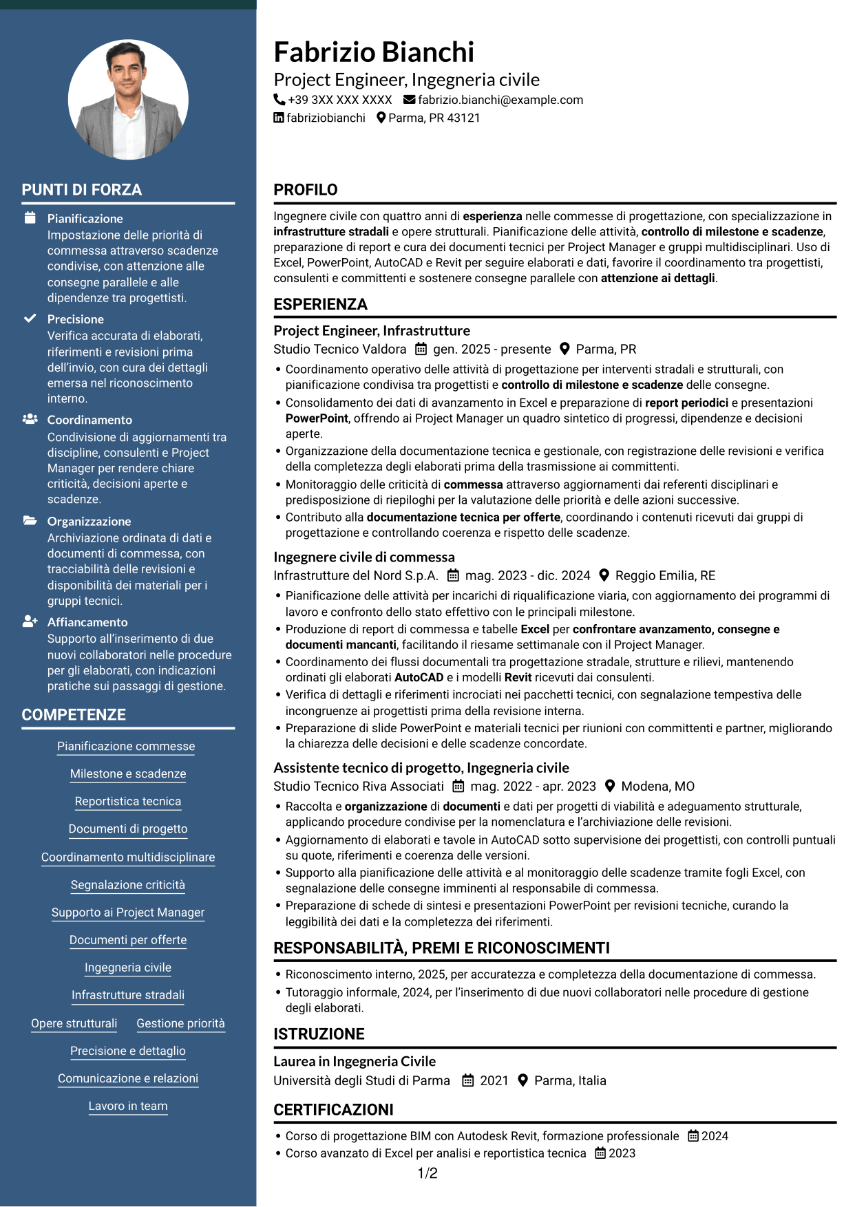 CV Elegante (formato con colonna laterale colorata e foto): Project Engineer - Ingegneria civile, pagina 1