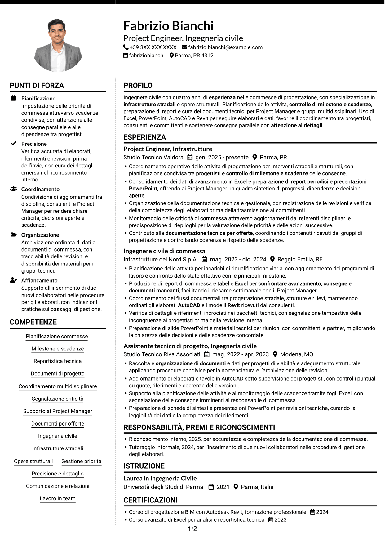 CV Moderno (formato a due colonne con foto a sinistra e separatore): Project Engineer - Ingegneria civile, pagina 1