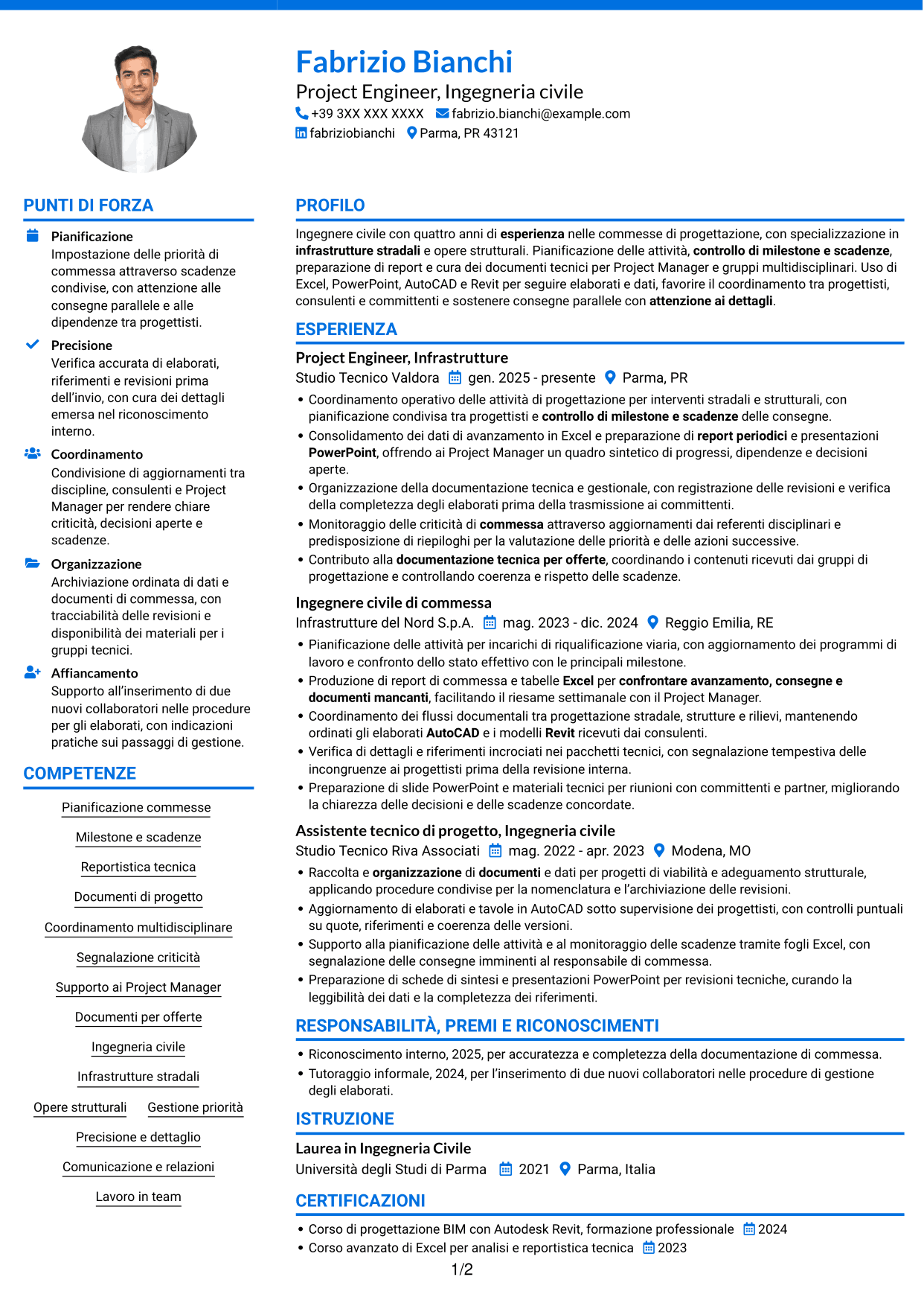 CV Audace (formato a due colonne con accenti colorati e foto): Project Engineer - Ingegneria civile, pagina 1