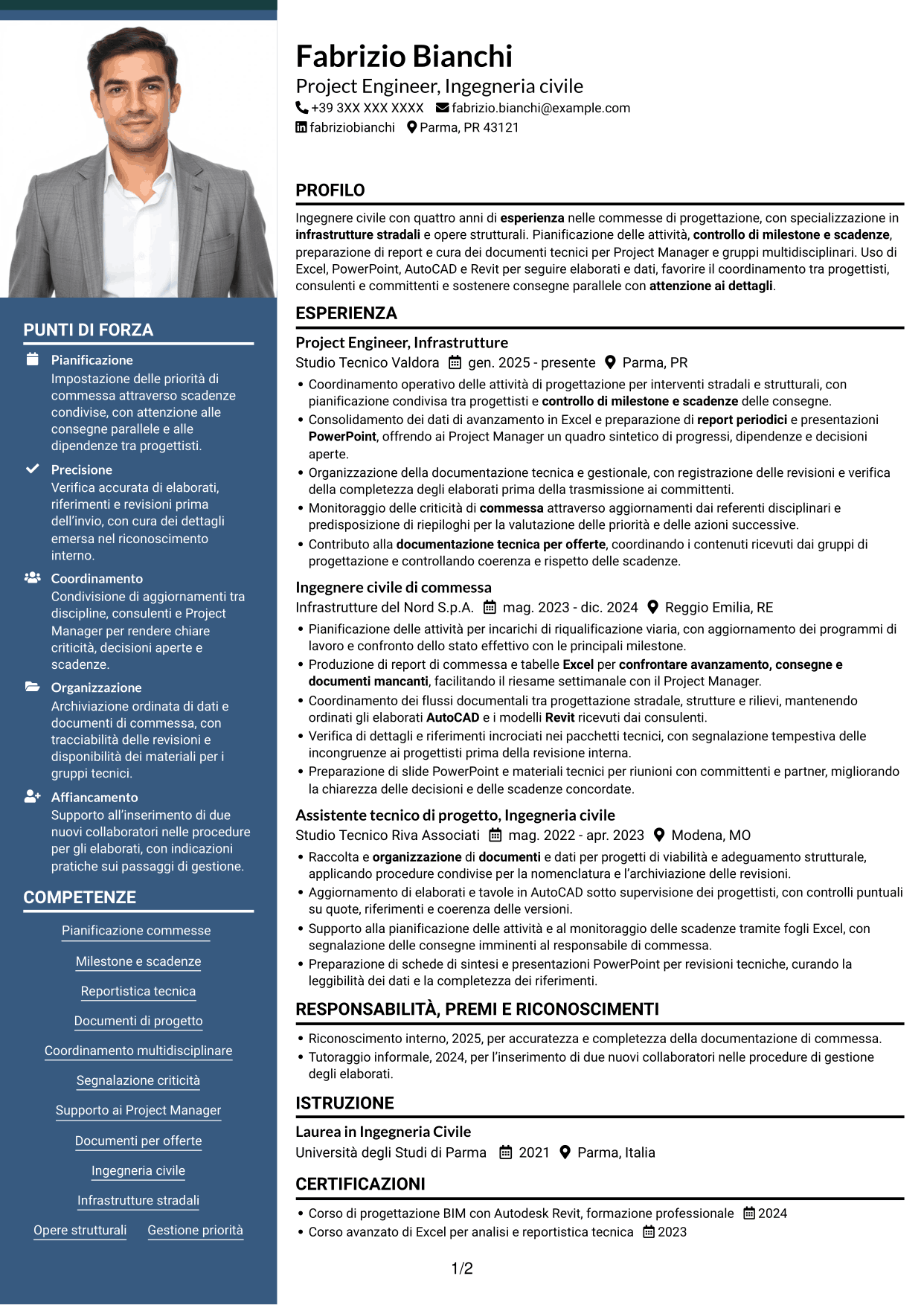 CV Signature (formato con colonna laterale colorata e foto grande): Project Engineer - Ingegneria civile, pagina 1