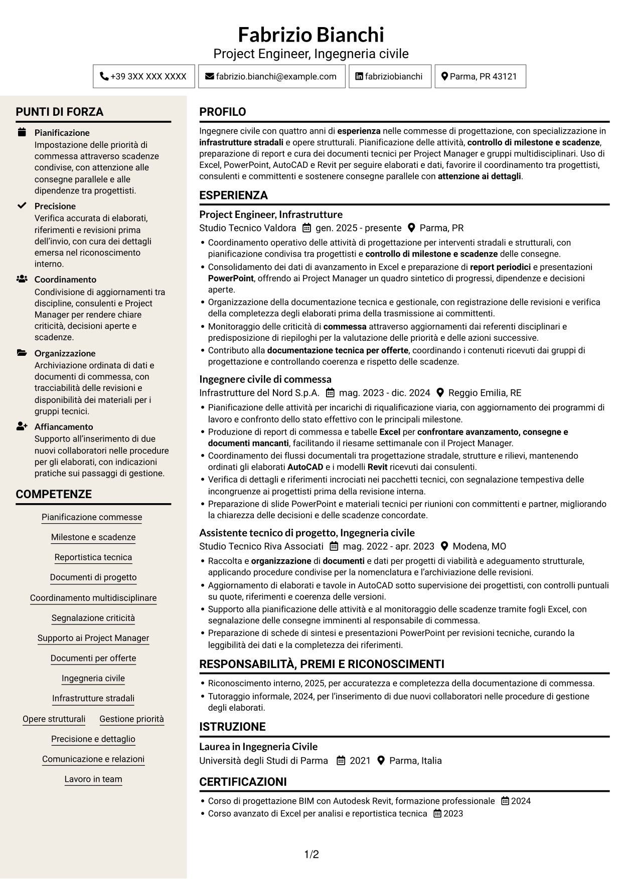 CV Intraprendente (formato a due colonne con intestazione centrata senza foto): Project Engineer - Ingegneria civile, pagina 1
