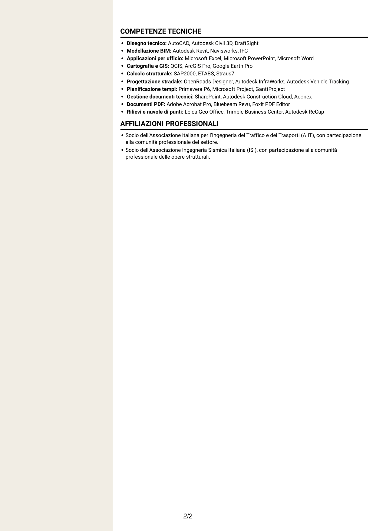 CV Intraprendente (formato a due colonne con intestazione centrata senza foto): Project Engineer - Ingegneria civile, pagina 2