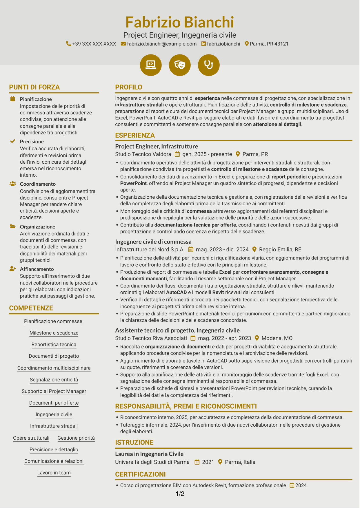 CV Dinamico (formato a due colonne con icone): Project Engineer - Ingegneria civile, pagina 1