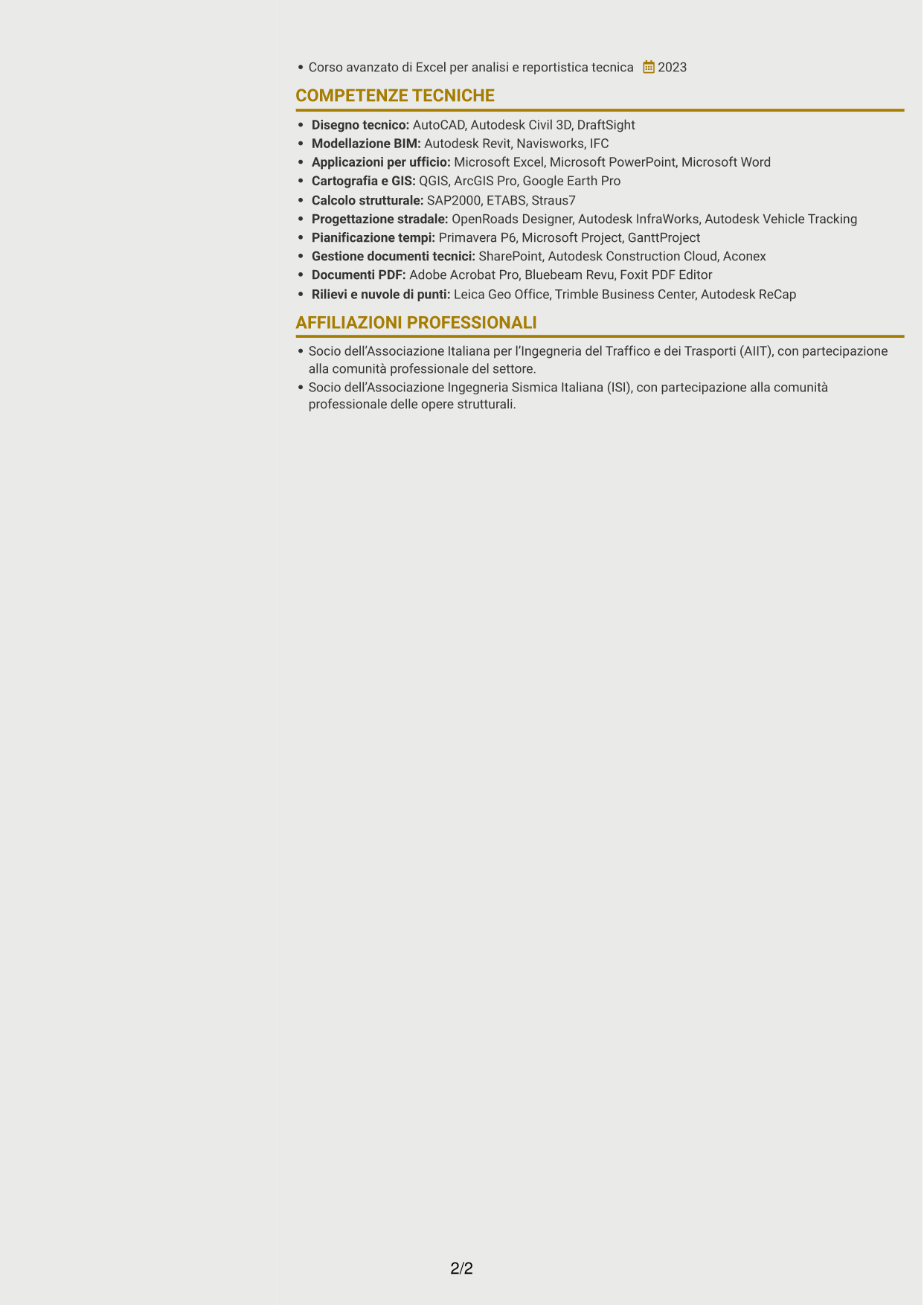 CV Dinamico (formato a due colonne con icone): Project Engineer - Ingegneria civile, pagina 2