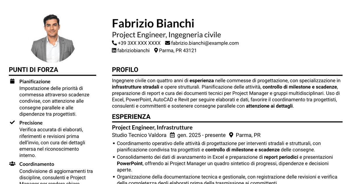 7 modelli di CV per Project Engineer - Ingegneria civile, con esempi
