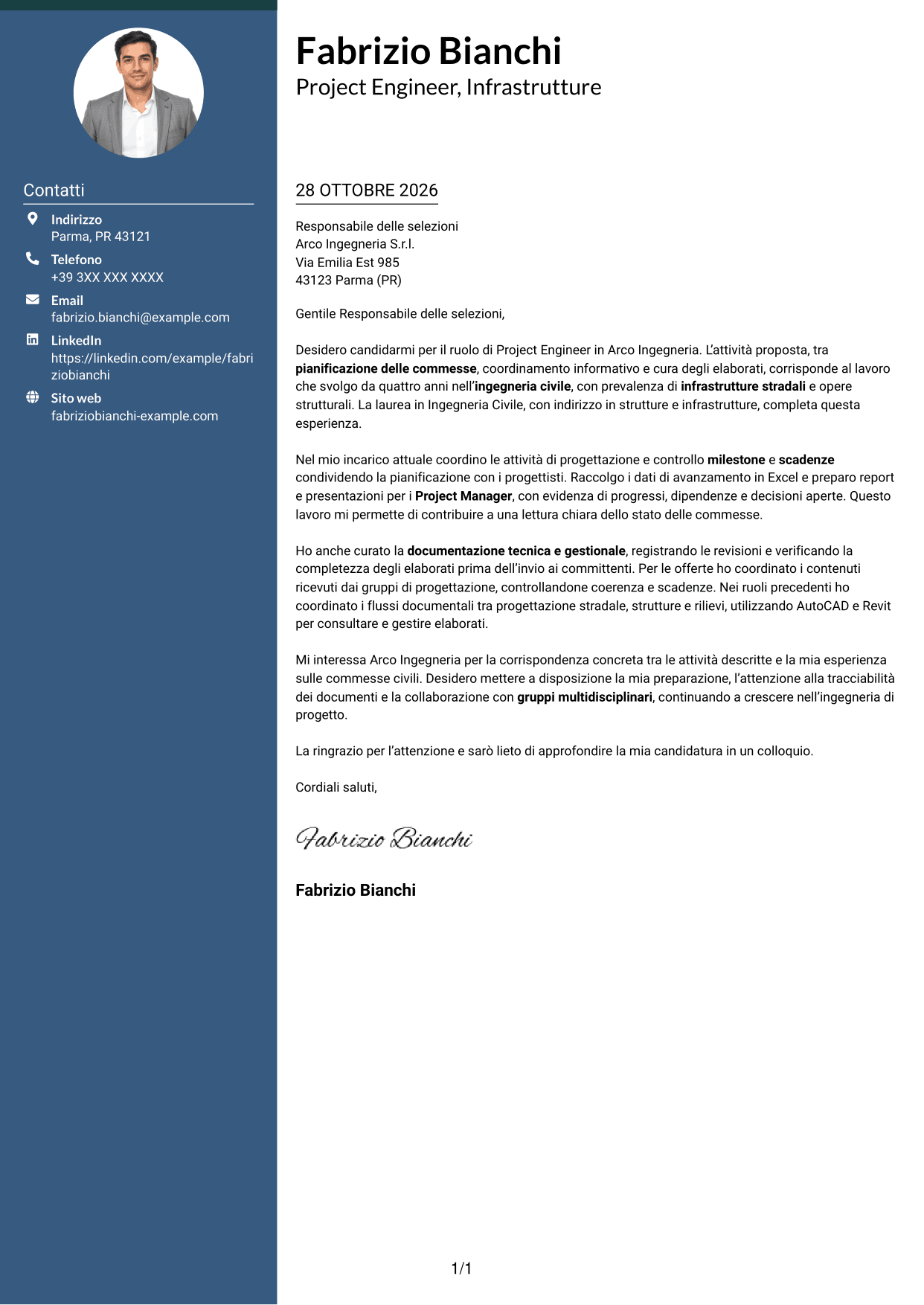 Lettera di presentazione Elegante (formato con colonna laterale colorata e foto): Project Engineer - Ingegneria civile, pagina 1