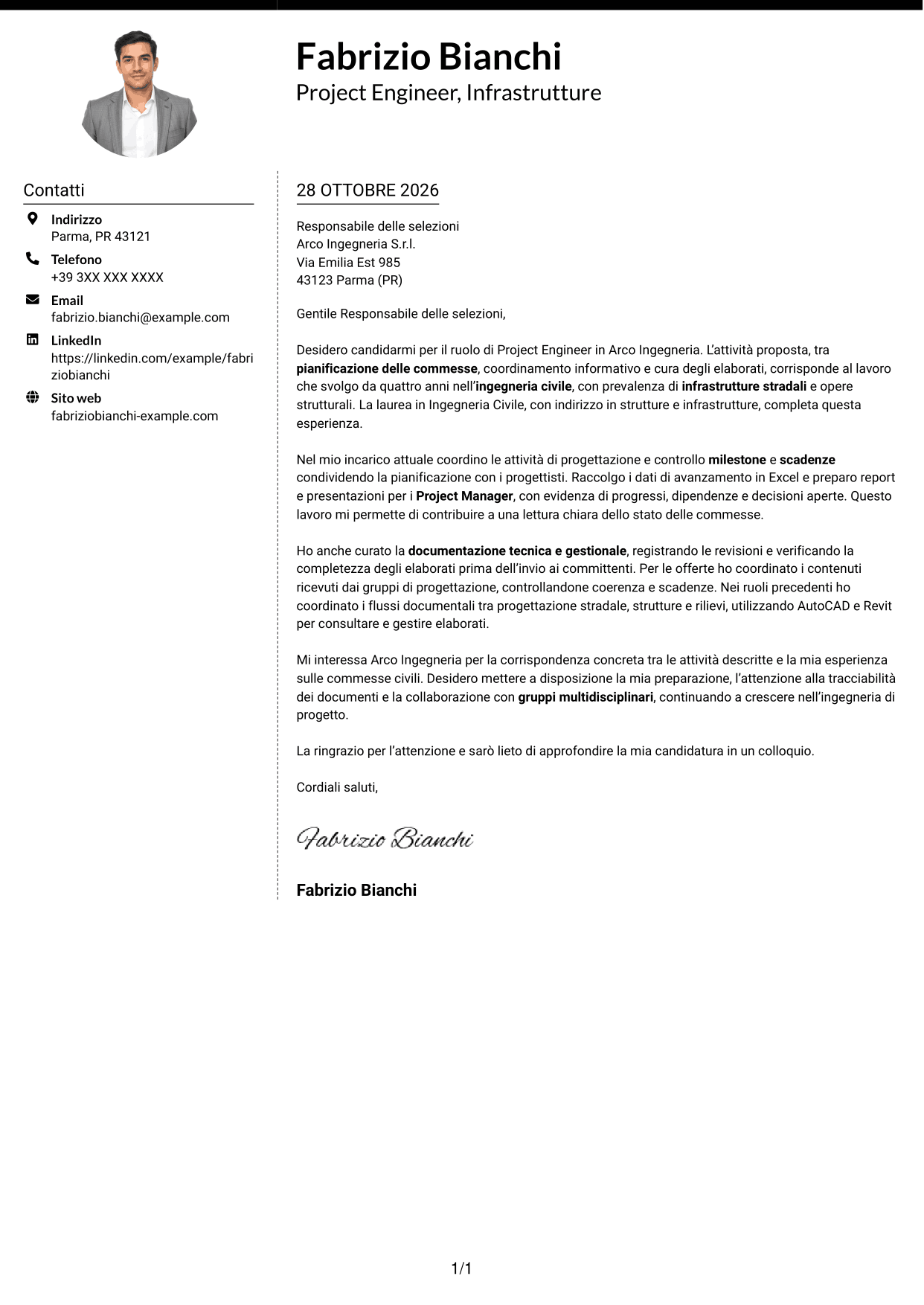 Lettera di presentazione Moderno (formato a due colonne con foto a sinistra e separatore): Project Engineer - Ingegneria civile, pagina 1