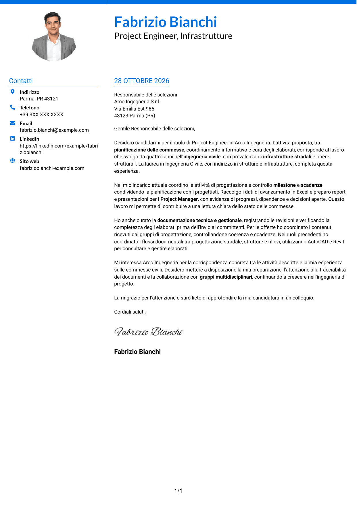 Lettera di presentazione Audace (formato a due colonne con accenti colorati e foto): Project Engineer - Ingegneria civile, pagina 1