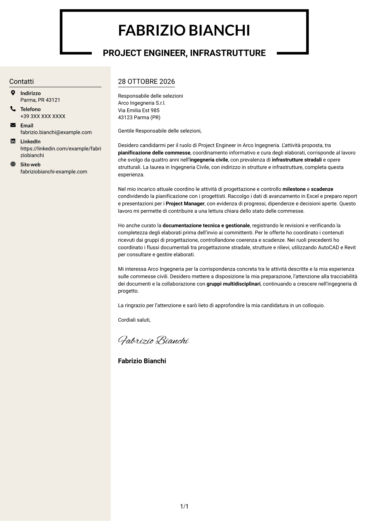 Lettera di presentazione Intraprendente (formato a due colonne con intestazione centrata senza foto): Project Engineer - Ingegneria civile, pagina 1