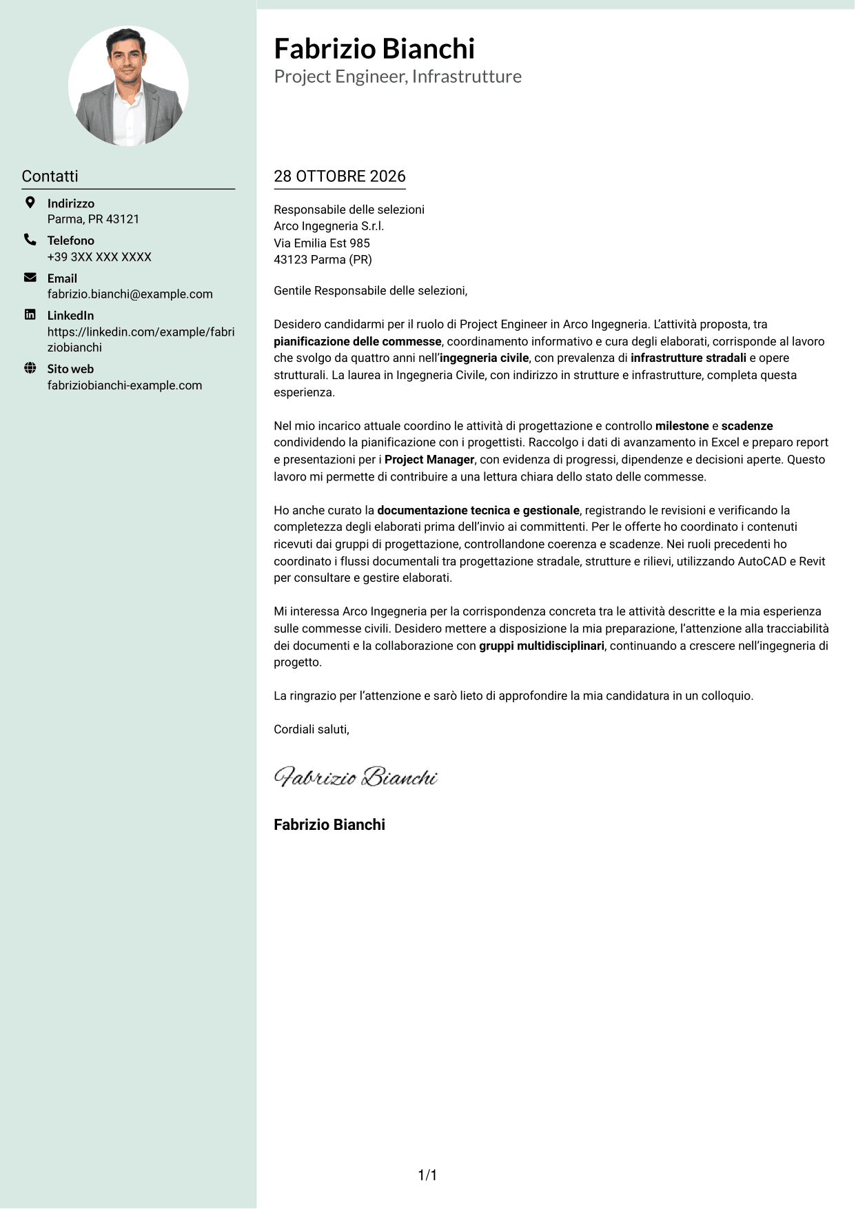 Lettera di presentazione Dirigente (formato con colonna laterale tenue e foto arrotondata): Project Engineer - Ingegneria civile, pagina 1