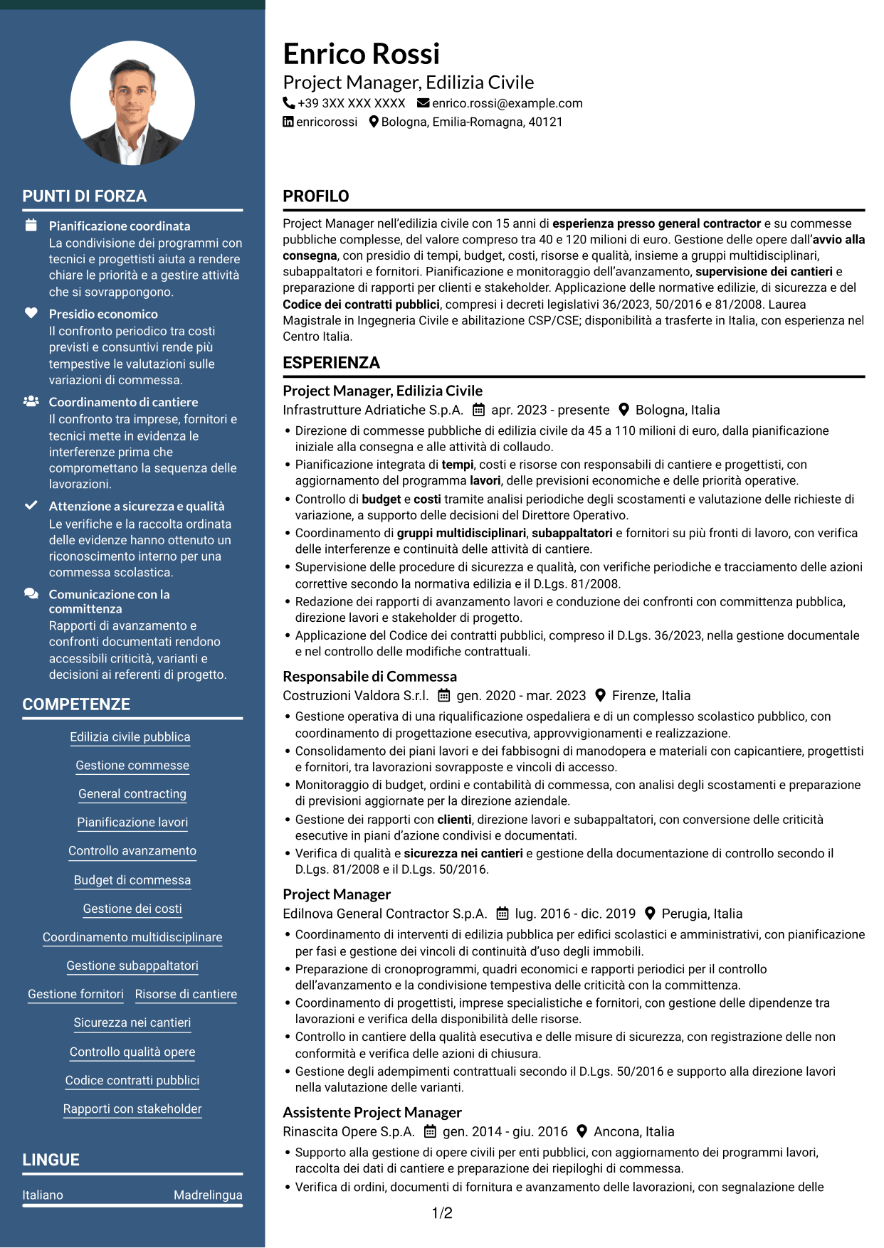 CV Elegante (formato con colonna laterale colorata e foto): Project Manager - Edilizia Pubblica, pagina 1