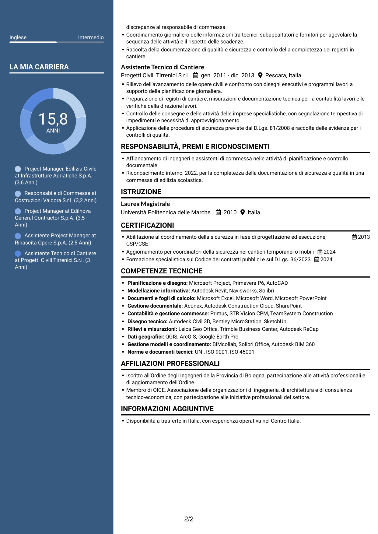 CV Elegante (formato con colonna laterale colorata e foto): Project Manager - Edilizia Pubblica, pagina 2