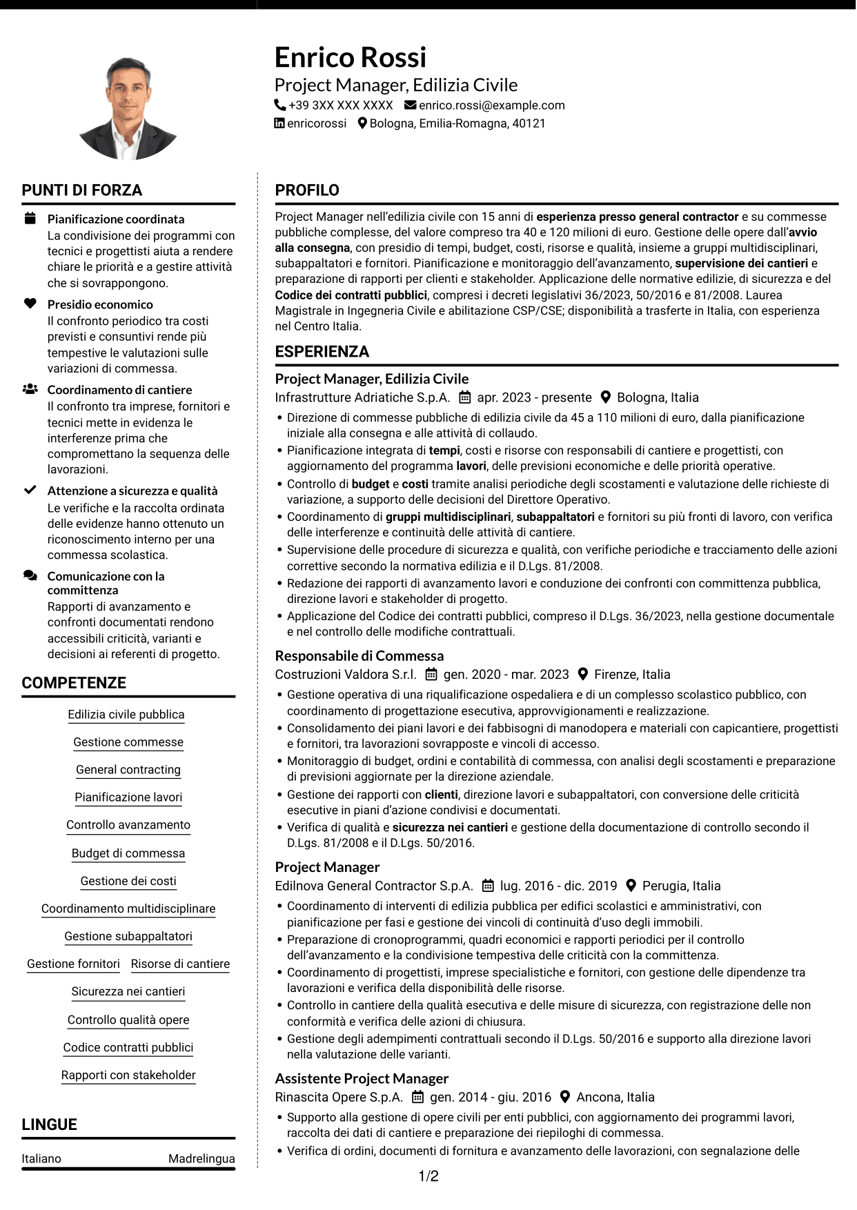 CV Moderno (formato a due colonne con foto a sinistra e separatore): Project Manager - Edilizia Pubblica, pagina 1