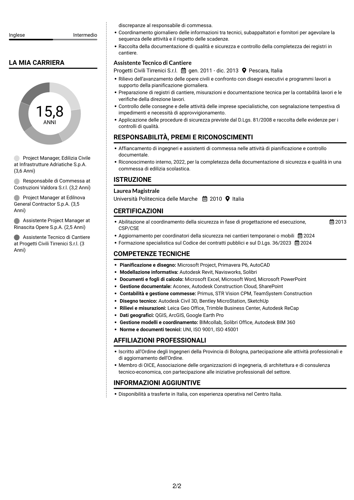 CV Moderno (formato a due colonne con foto a sinistra e separatore): Project Manager - Edilizia Pubblica, pagina 2