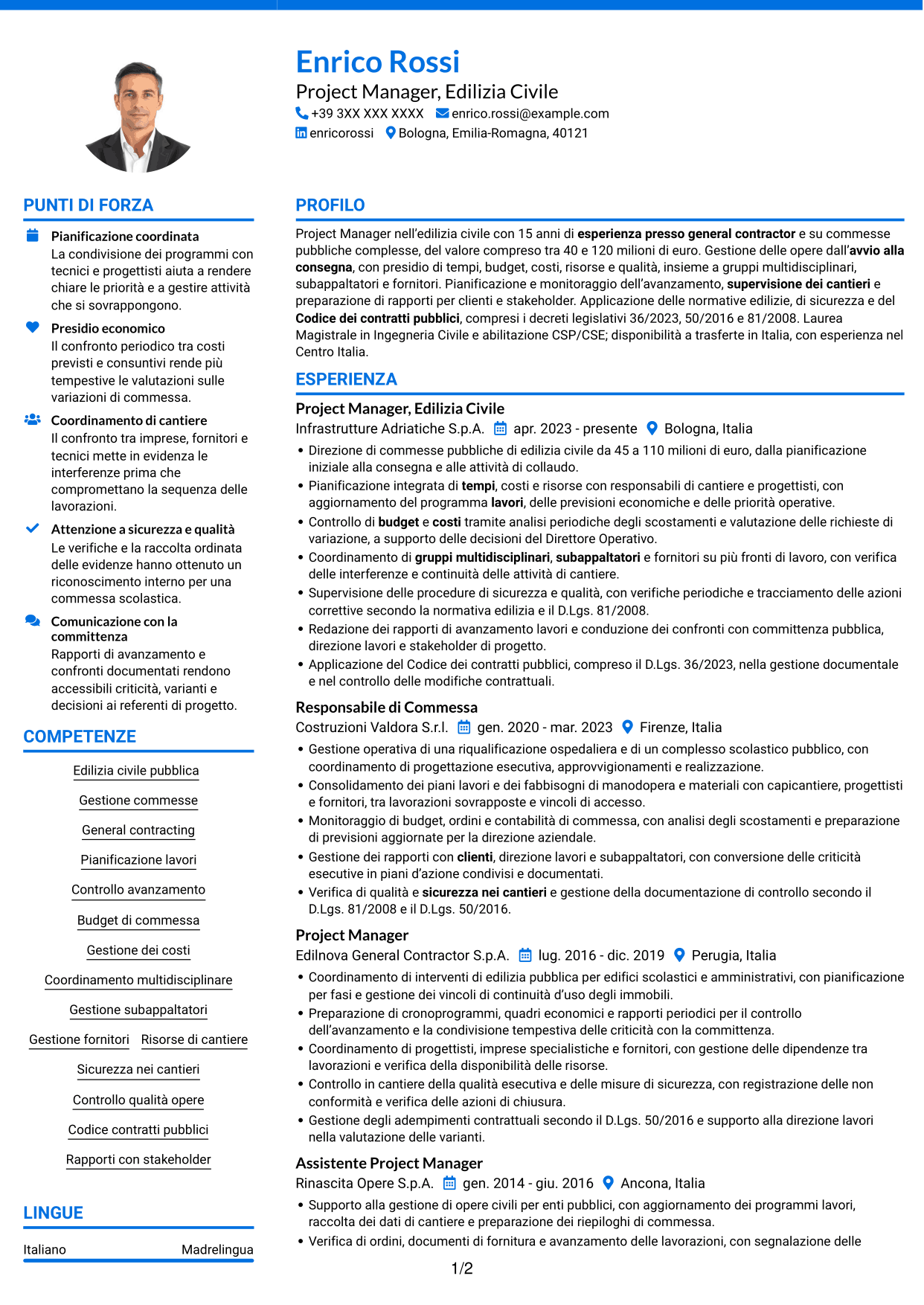 CV Audace (formato a due colonne con accenti colorati e foto): Project Manager - Edilizia Pubblica, pagina 1