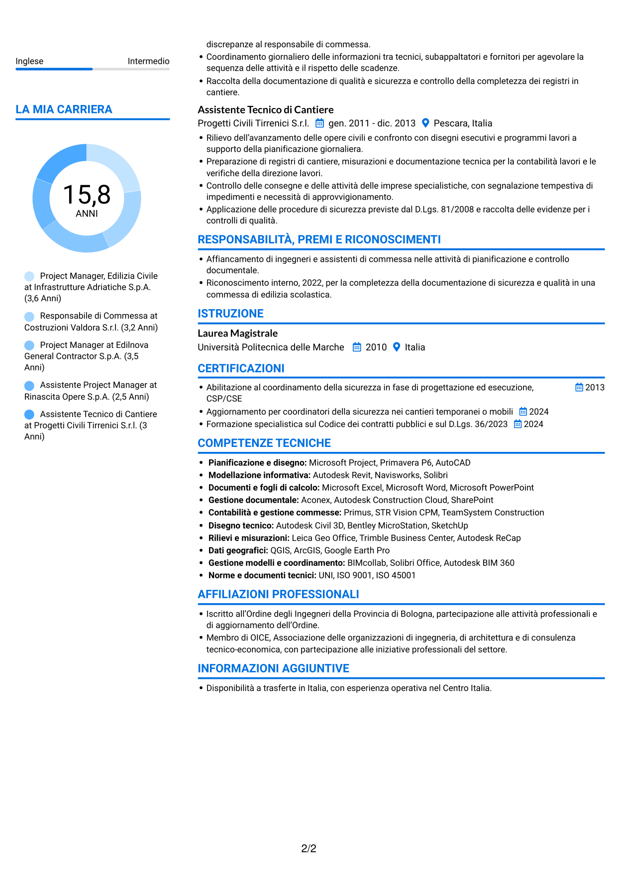 CV Audace (formato a due colonne con accenti colorati e foto): Project Manager - Edilizia Pubblica, pagina 2