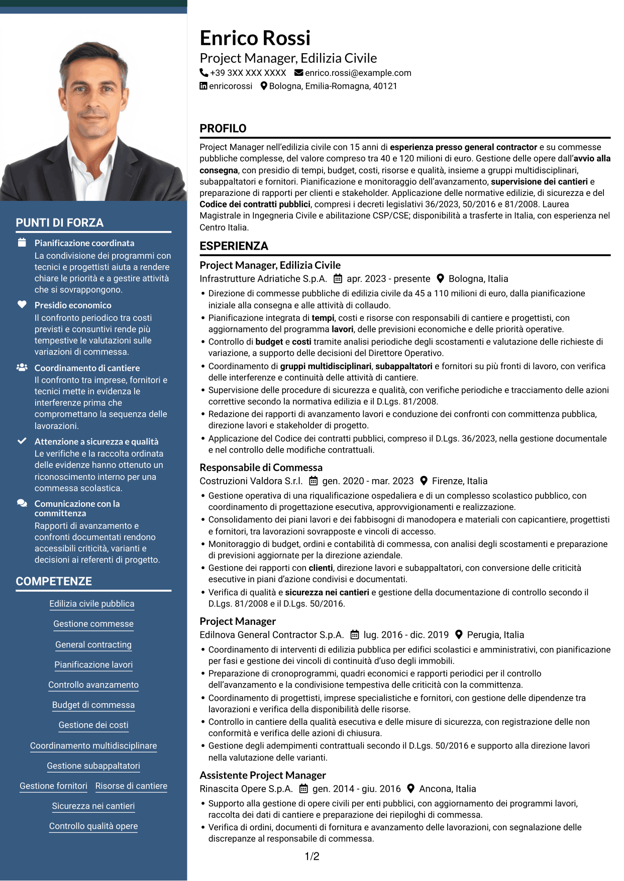 CV Signature (formato con colonna laterale colorata e foto grande): Project Manager - Edilizia Pubblica, pagina 1